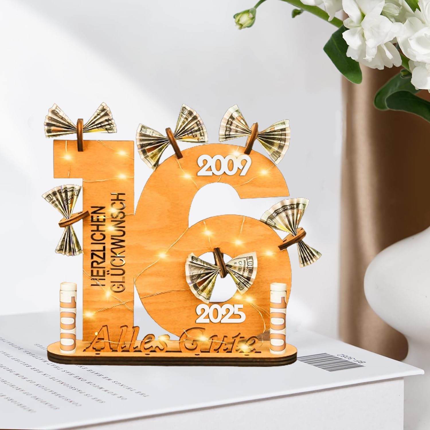 Cadeau 60 Ans En Bois Avec Guirlande LED - Plaque Anniversaire Personnalisable - Pour Femme, Homme, Famille