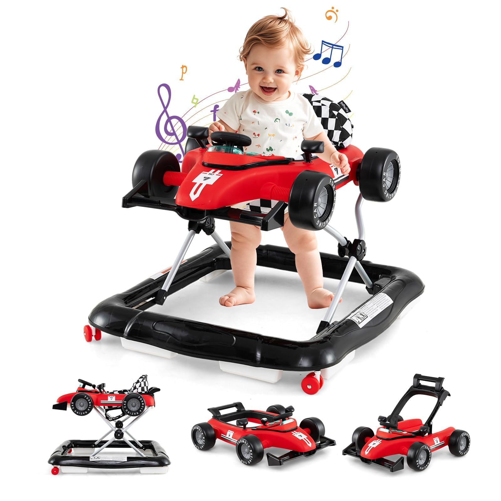 RELAX4LIFE 4 in 1 Girello a Spinta Primo Passo per Bambini da 6 a 18 Mesi con Luci e Suoni, Velocità e Altezza Regolabili, Portata 12 kg, 64x73x50,5/55,5 cm (Modello 2-Rosso) (ROSSO)