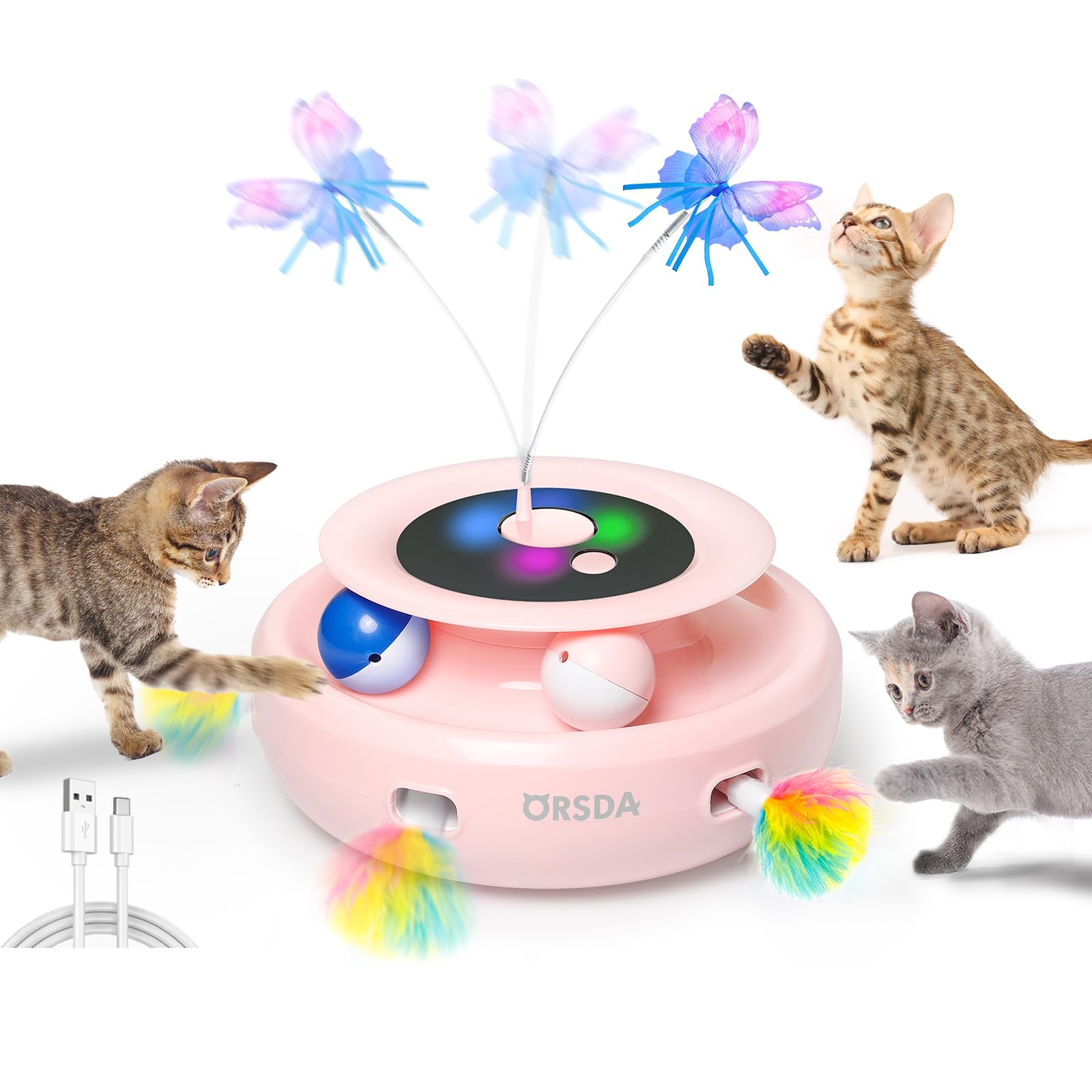 ORSDA Cat Toy, 3-in-1 Automatic Interactive Electronic Moving Ambush Feather, Fluttering Butterfly, Track Balls, USB Rechargeable Powered Smart Indoor Exercise Kicker