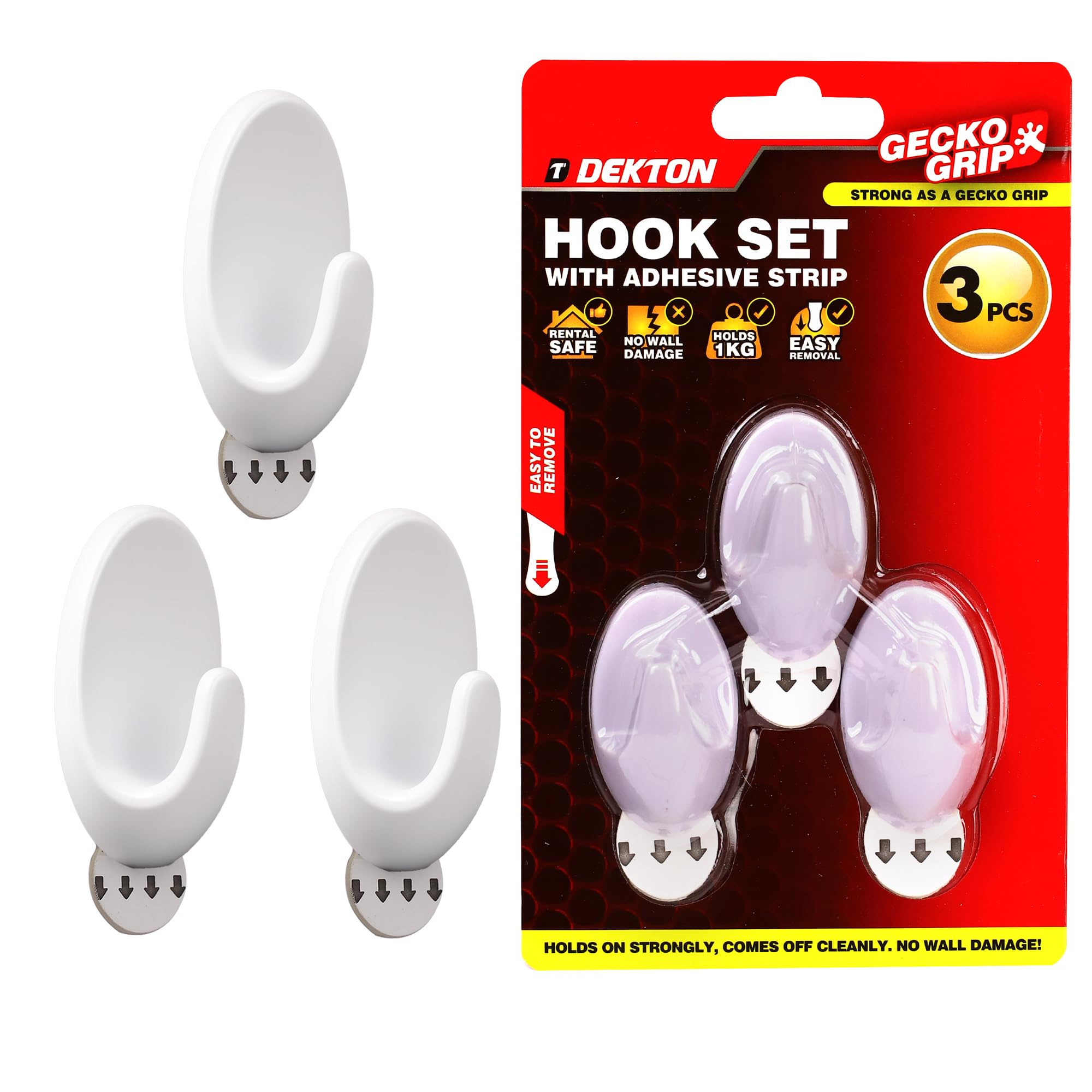 Dekton White Geckogrip Hook Set 3Pc -Heavy-Duty Wall Hook| Strong Adhesive Grip| Holds Upto 10Kg| Ideal For Kitchen, Bathroom, Office| Reusable & Residue-Free| Sleek Finish| Versatile Storage