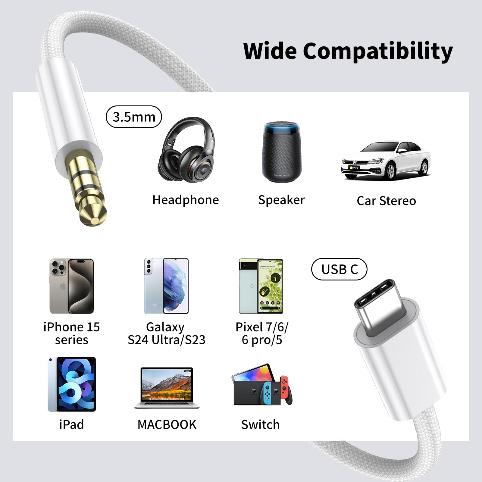 Fidioto Lot de 2 câbles USB C vers prise auxiliaire 3,5 mm (1 m) de type C vers 3,5 mm pour casque auxiliaire de voiture compatible avec téléphone 15/15Plus/Pro/Pro Max, Galaxy S23 Ultra iPad Pro Air
