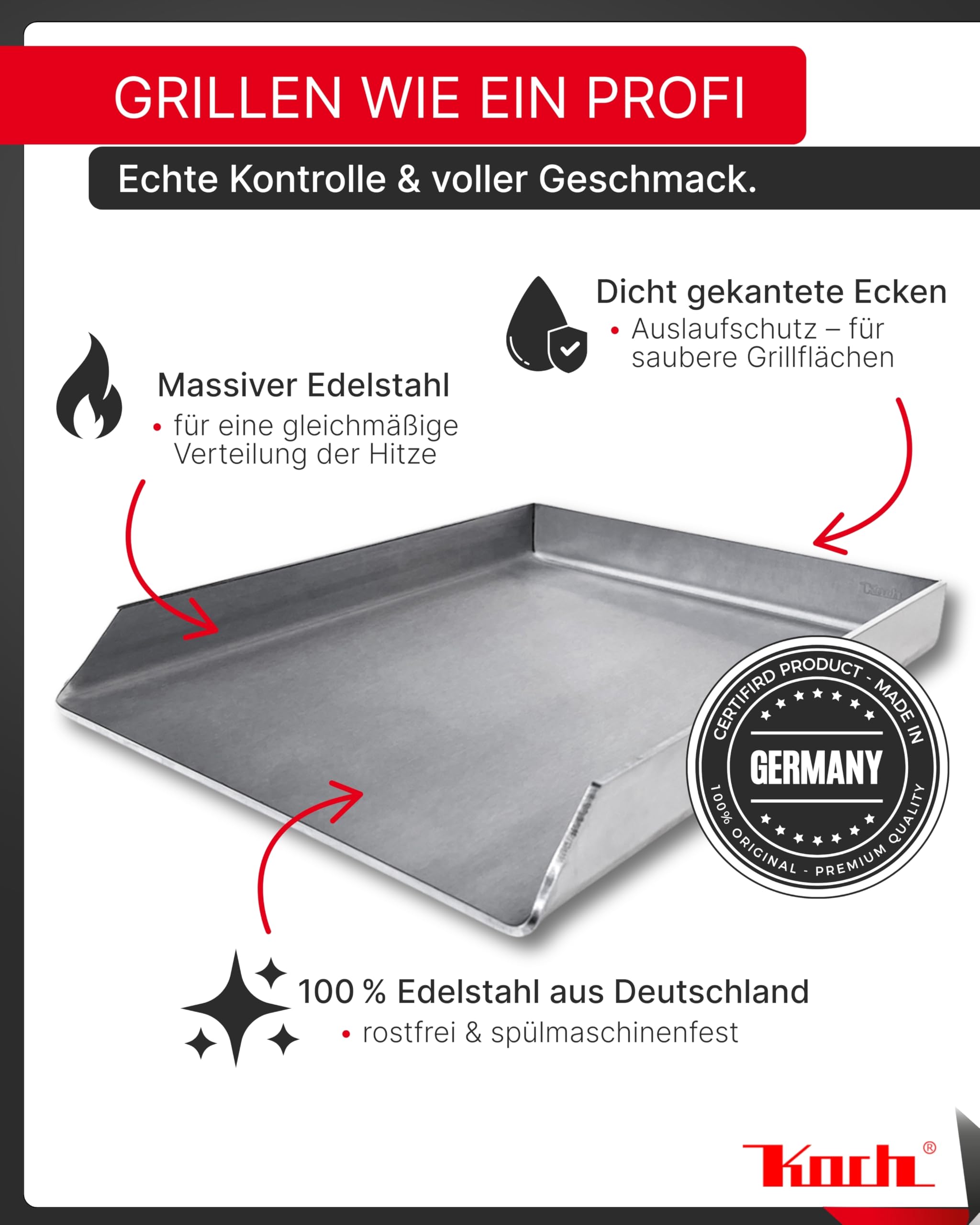Koch Universal Grillplatte aus 100% Edelstahl - 30 x 30 x 3,5cm - Plancha für alle Grillarten - Gleichmäßige Hitzeverteilung & auslaufsichere Ecke - Rostfrei & bis zu 500°C hitzebeständig #54