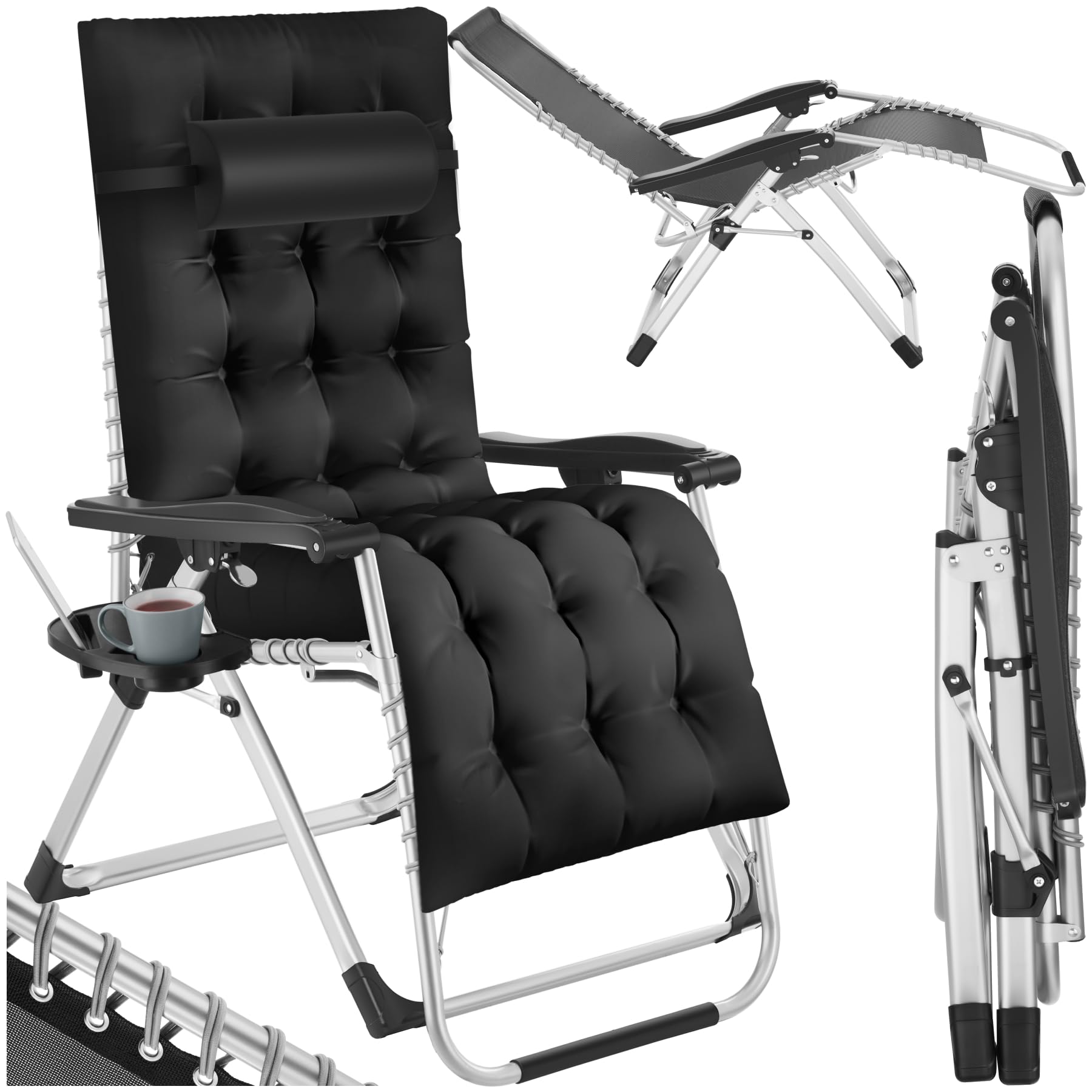 TecTake® Silla Tumbona Plegable para Playa y Jardín, Cojín Cabezal Extraíble, Estructura de Acero, Mesa Auxiliar, Ideal como Silla Camping y Picnic, Silla Exterior Terraza - 1 Tumbona Negro