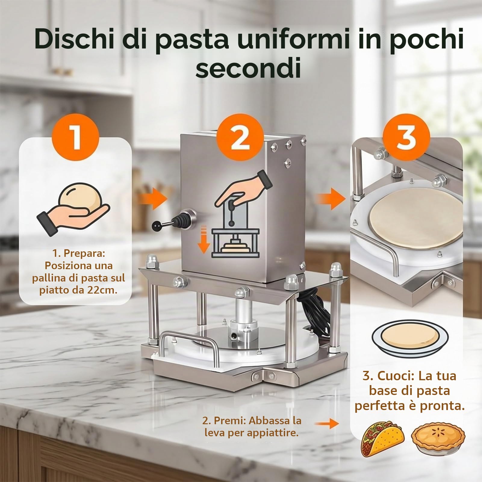 Macchina per Fare Piadina Romagnola/Stendipizza Professionale,Pressa per Impasto Elettrica/22cm Acciaio Inox/7kg Leggero per Panzerotti/Perfetto per Chioschi Street Food(22cm)