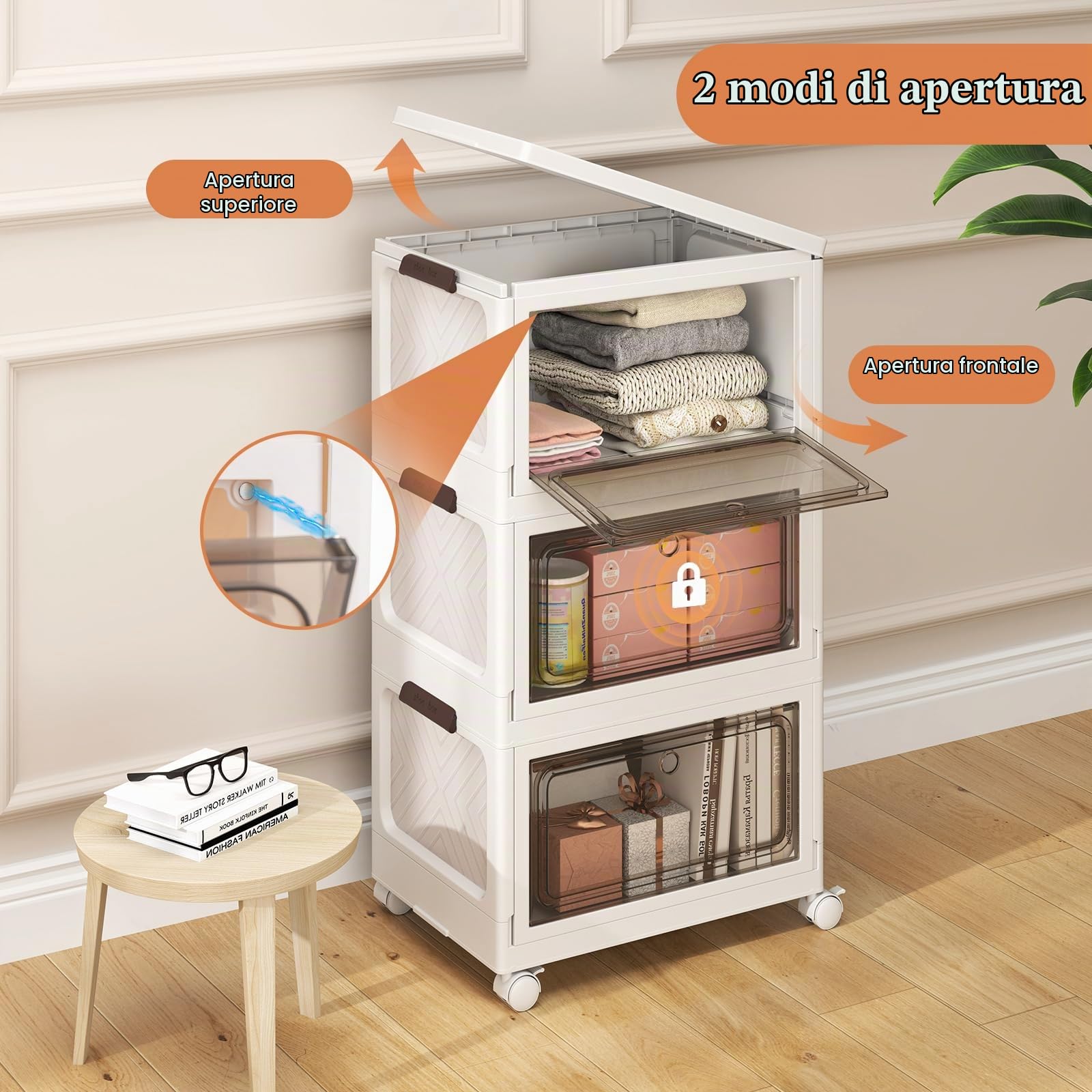 KOMFOTTEU Scatola portaoggetti pieghevole 75/105 l, contenitore in plastica a 3 livelli con 4 ruote, scatola organizer con coperchio e 2 aperture per camera da letto, soggiorno (105 L)