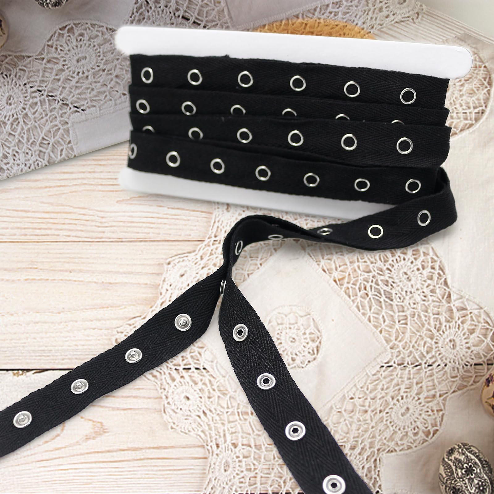 FQTANJU 2 Yards Black Cotton Snap Button Trim Metal Snap Tape for Sewing, Cloth, Bodysuits, DIY Crafting