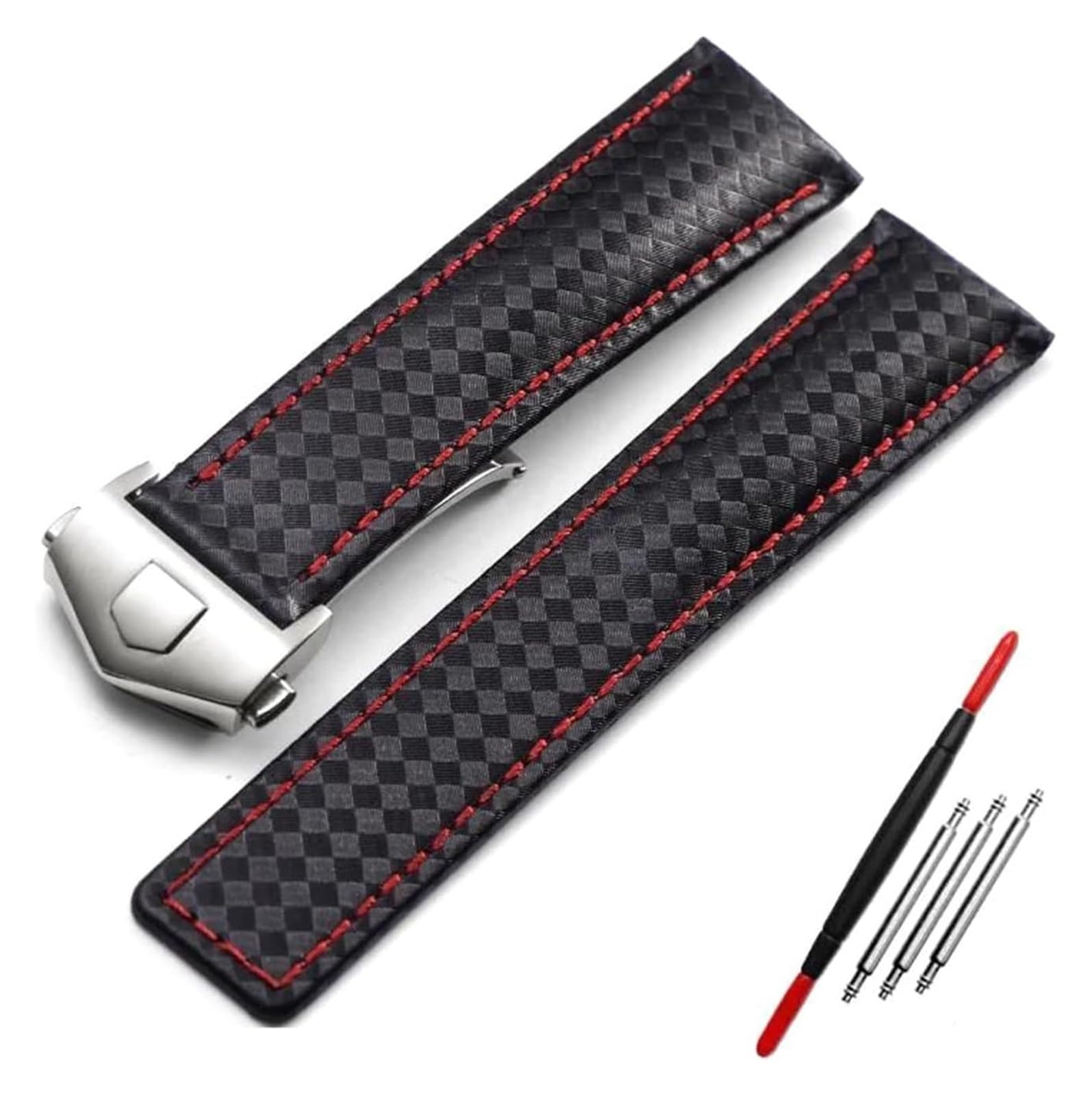 Uhrenarmbänder aus echtem Leder, Karbonfaser-Muster, echtes Leder-Uhrenarmband, Ersatzarmband for Herrenuhren(Black Red Silver,22mm)