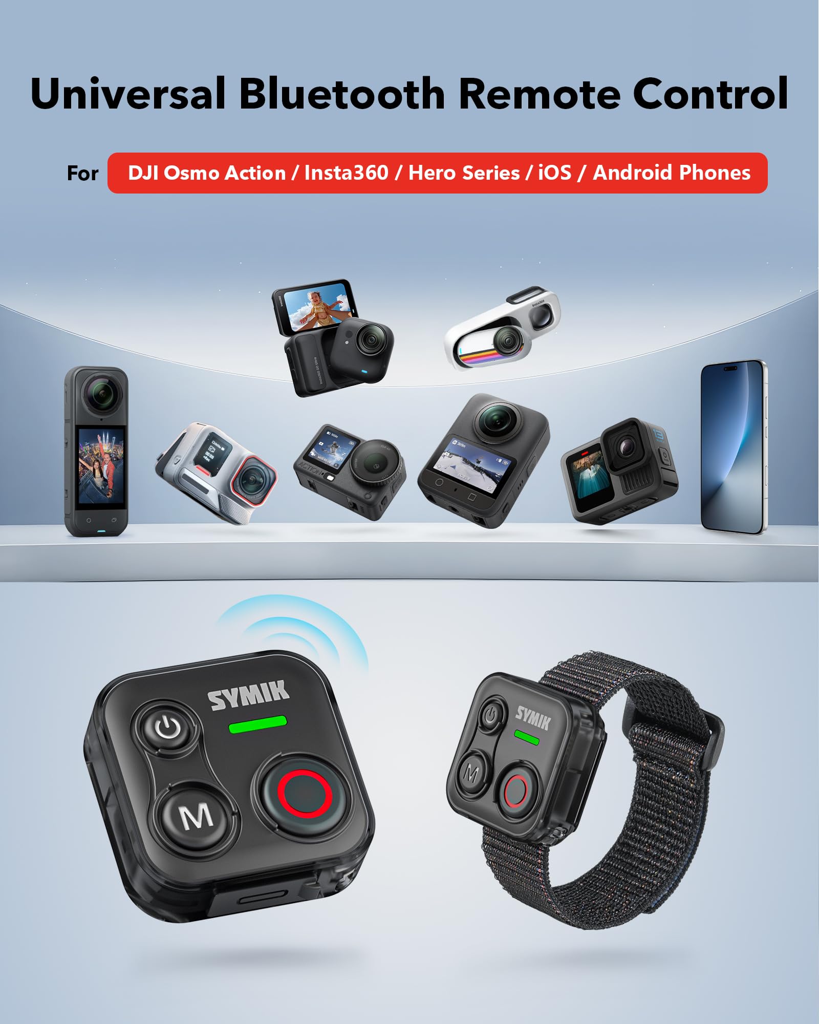 SYMIK Telecomando Universale per Insta360, GoPro, DJI, Smartphone | Controller Bluetooth per Scatto di Action Cam, Resistenza agli Schizzi, Portata 70m, Batteria 120h, Ricarica Type-C