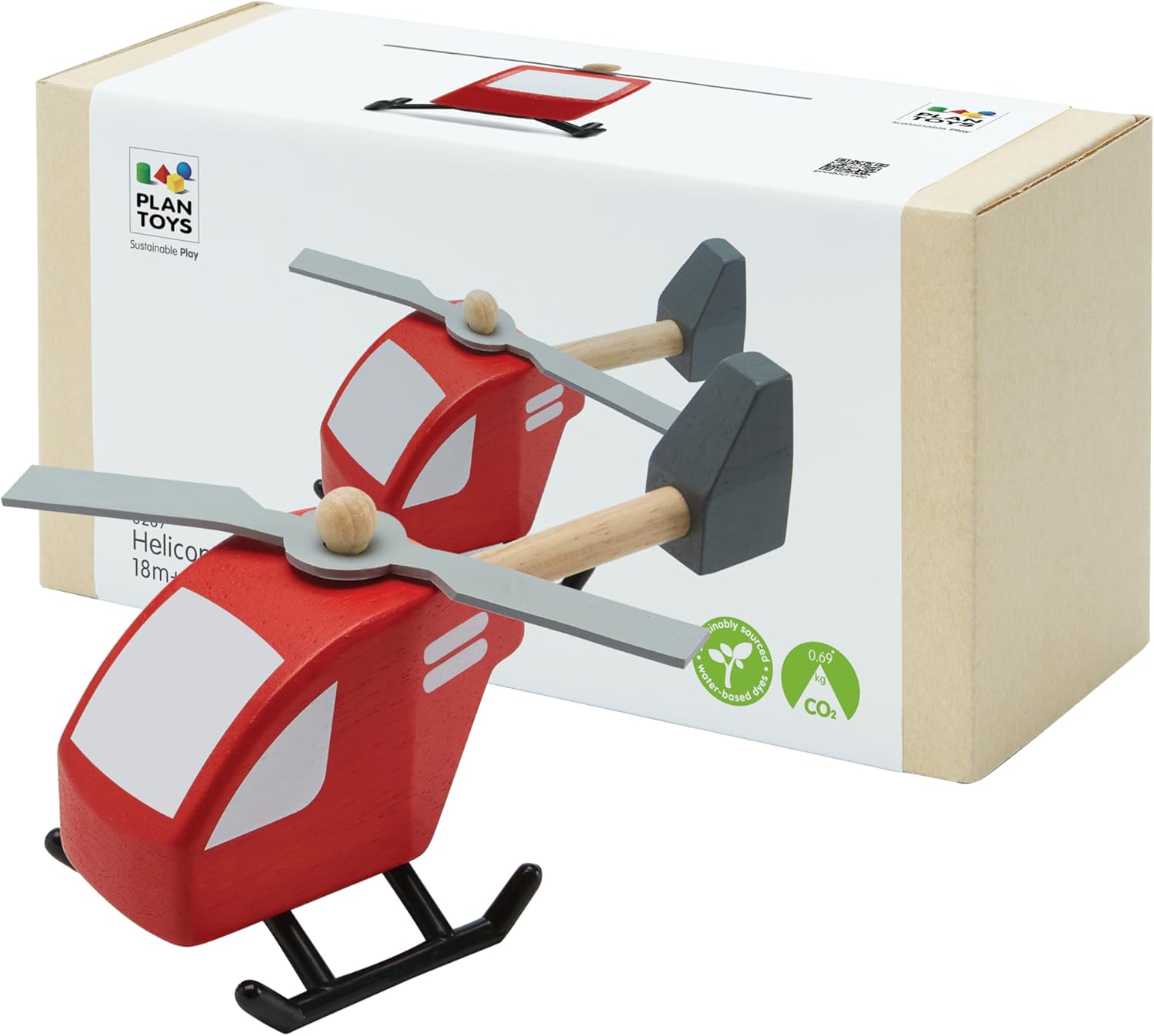 PlanToys® Wooden Helicopter Toy | Montessori Imaginative Play, Cause and Effect and Fine Motor Skill Development Activity | Eco Friendly Toy for Indoor and Outdoor Play