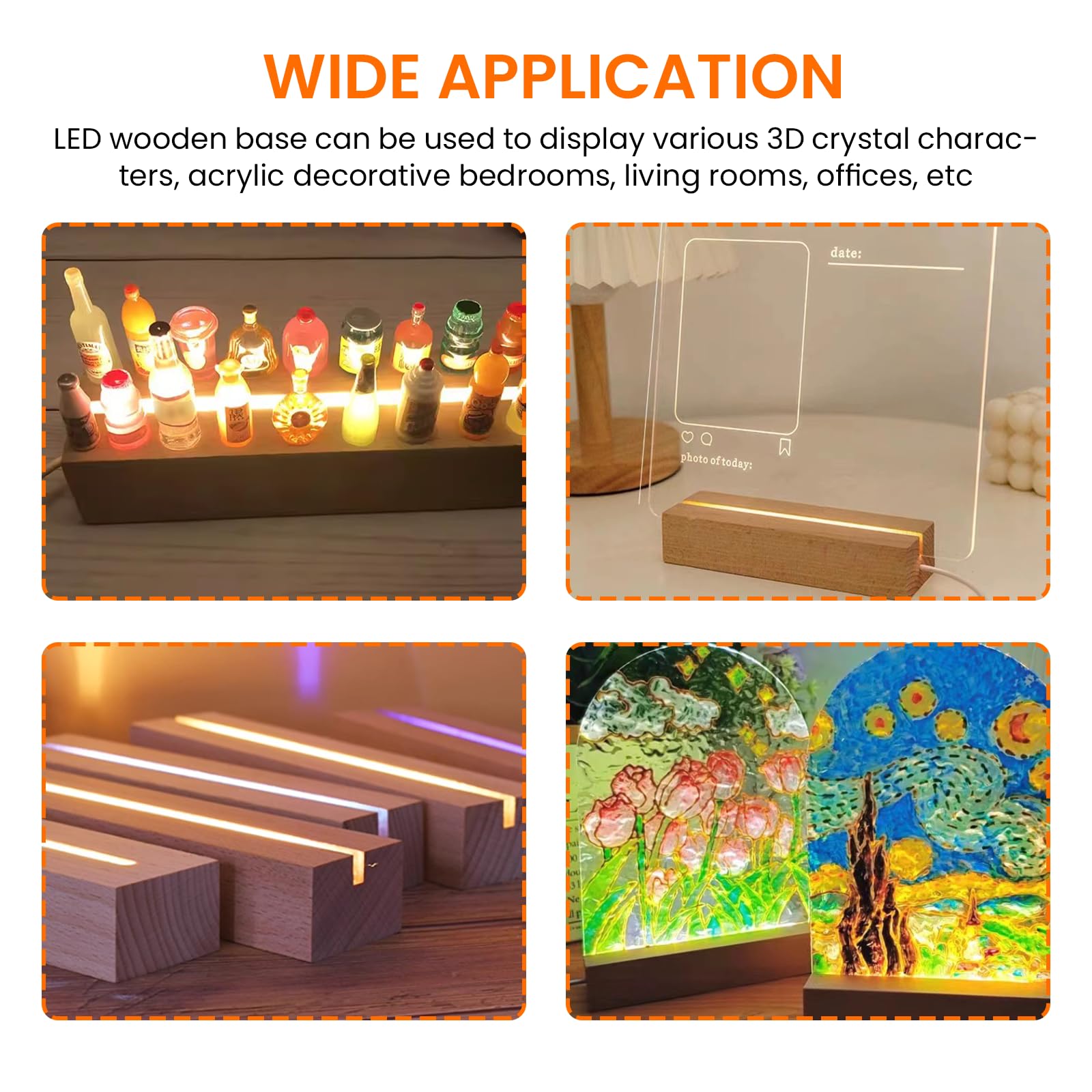 4 luci a LED per display base: colorato, rettangolare, supporto per illuminazione in legno, USB Desktop LED, base per 5 mm di spessore, piastra in acrilico, piastra in vetro, resina (30 x 45 x