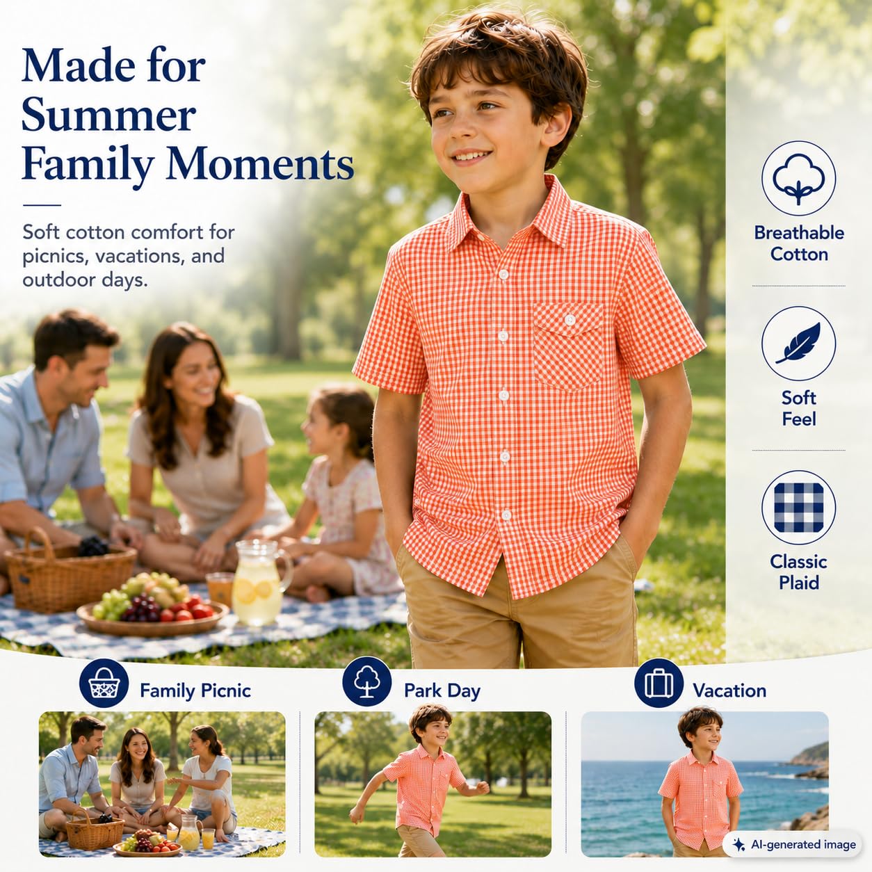 Bienzoe Camisa deportiva de manga corta de algodón a cuadros para niño - - 7-8 años