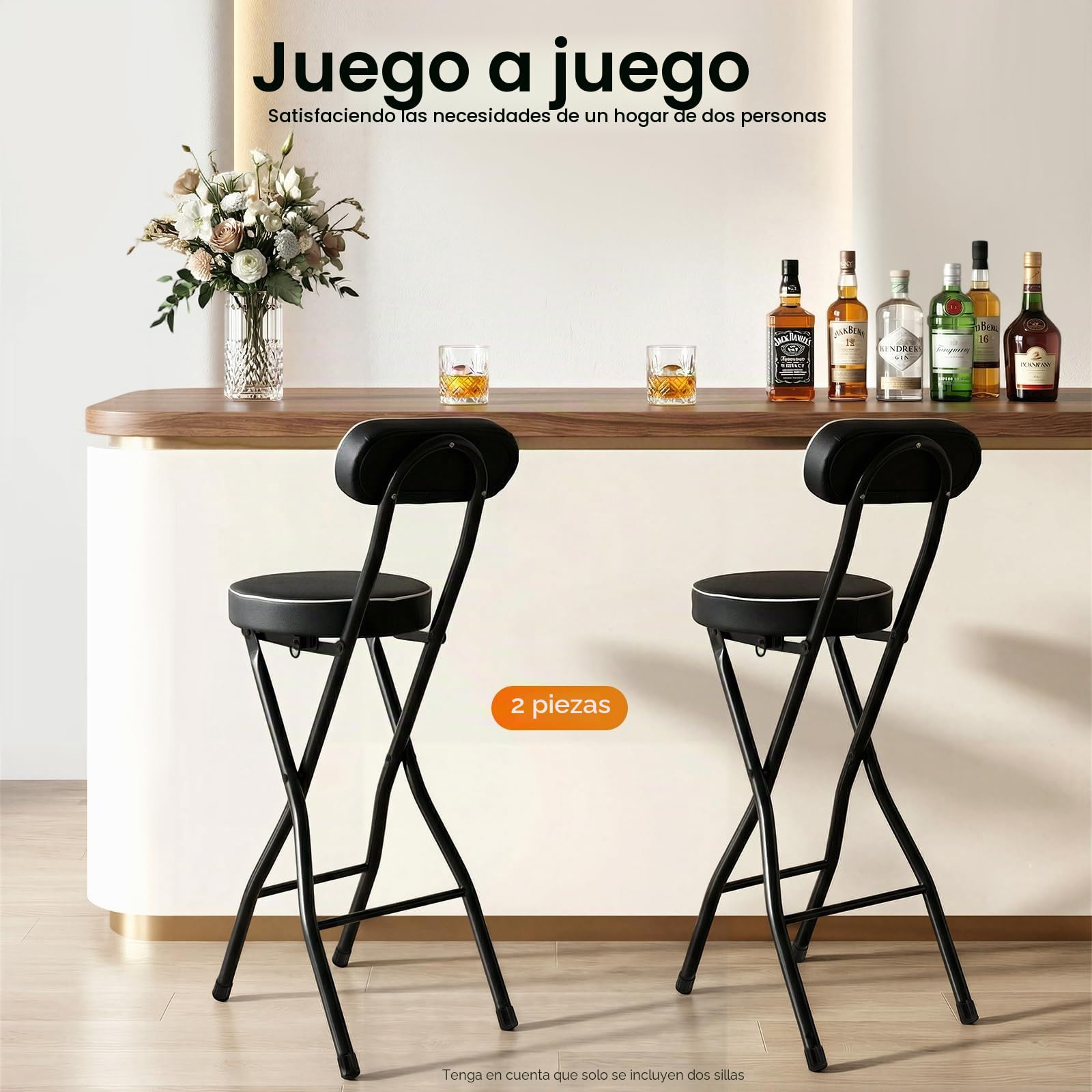 Juego de 2 taburetes de bar plegables con respaldo y cierre de seguridad, 65 cm de alto, para bar, mostrador y exterior