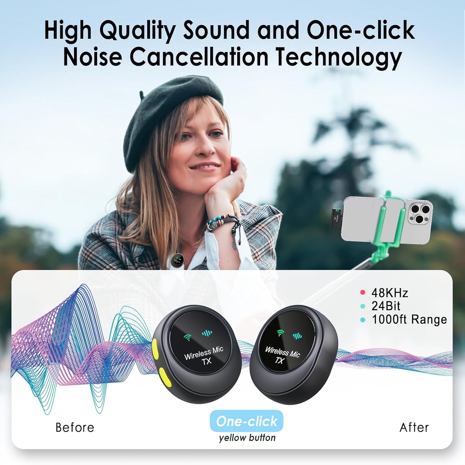 Illustration of the BALILA Wireless Lavalier Microphone's one-click noise cancellation feature, showing sound waves before and after activation.