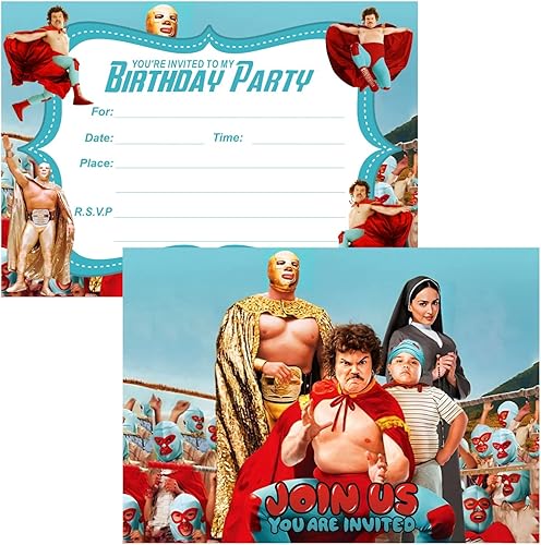 ARHAVI Paquete de 16 tarjetas de invitación de cumpleaños de Nacho Libre, suministros de fiesta de cumpleaños de Nacho Libre para decoraciones de