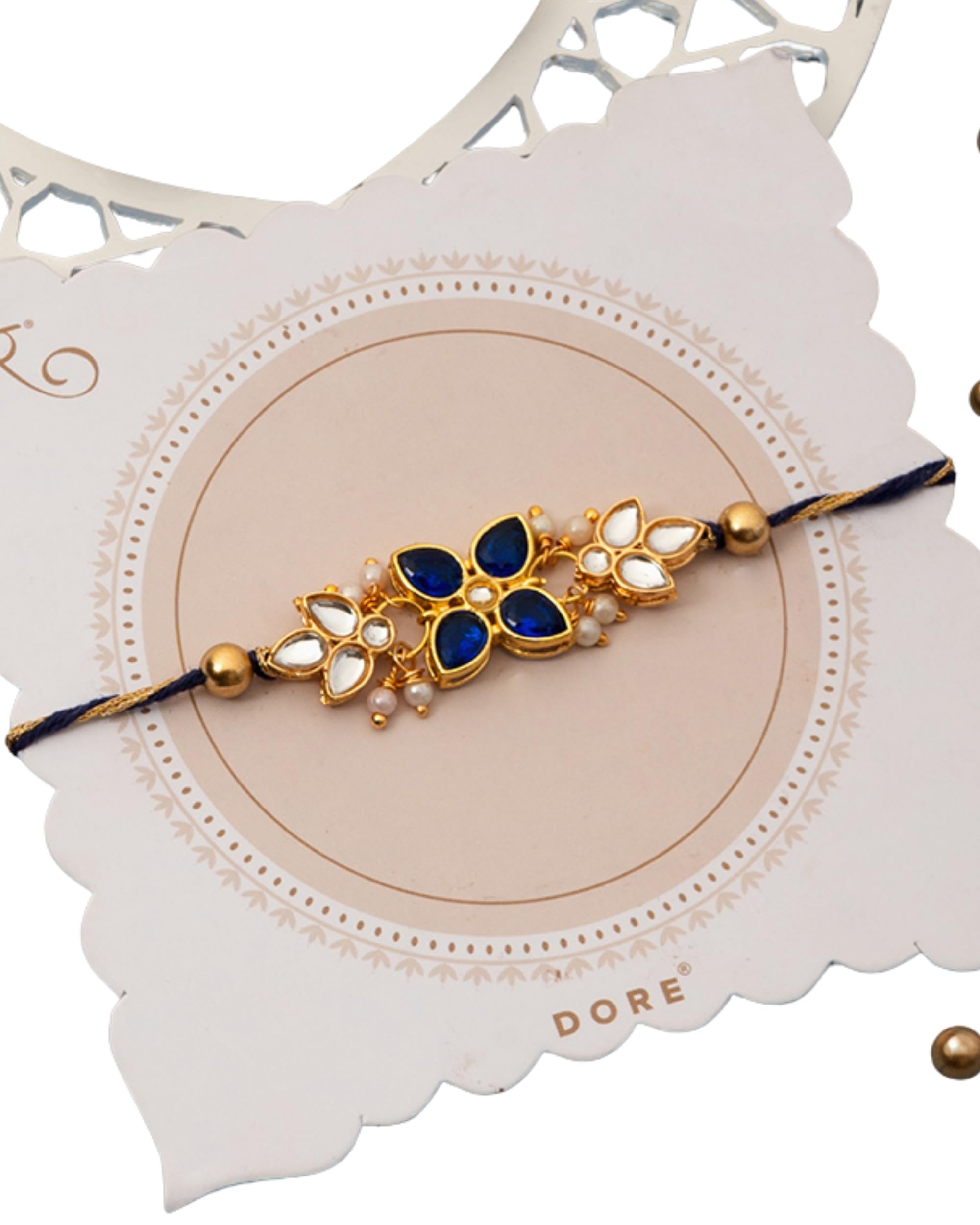 dore Handmade Traditional Raksha Bandhan Rakhi for Brother Premium Blue Kundan Rakhi with Pearl Beads & Silk Thread-picture-11