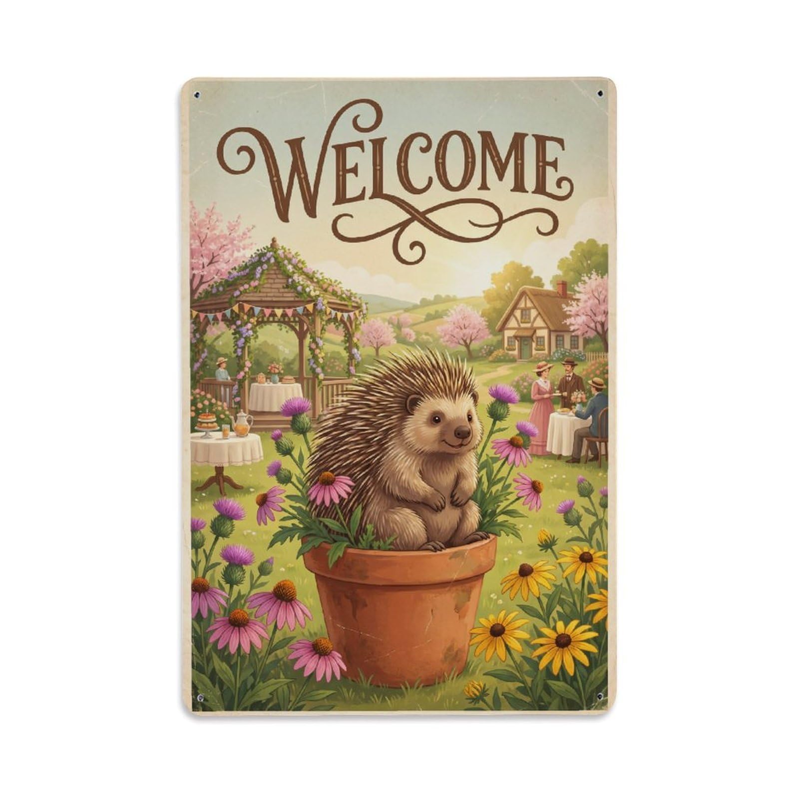 Cxhjca 8X12inch(20X30cm) Vintage Welcome Porcupine Garden Party Metal Tin Sign