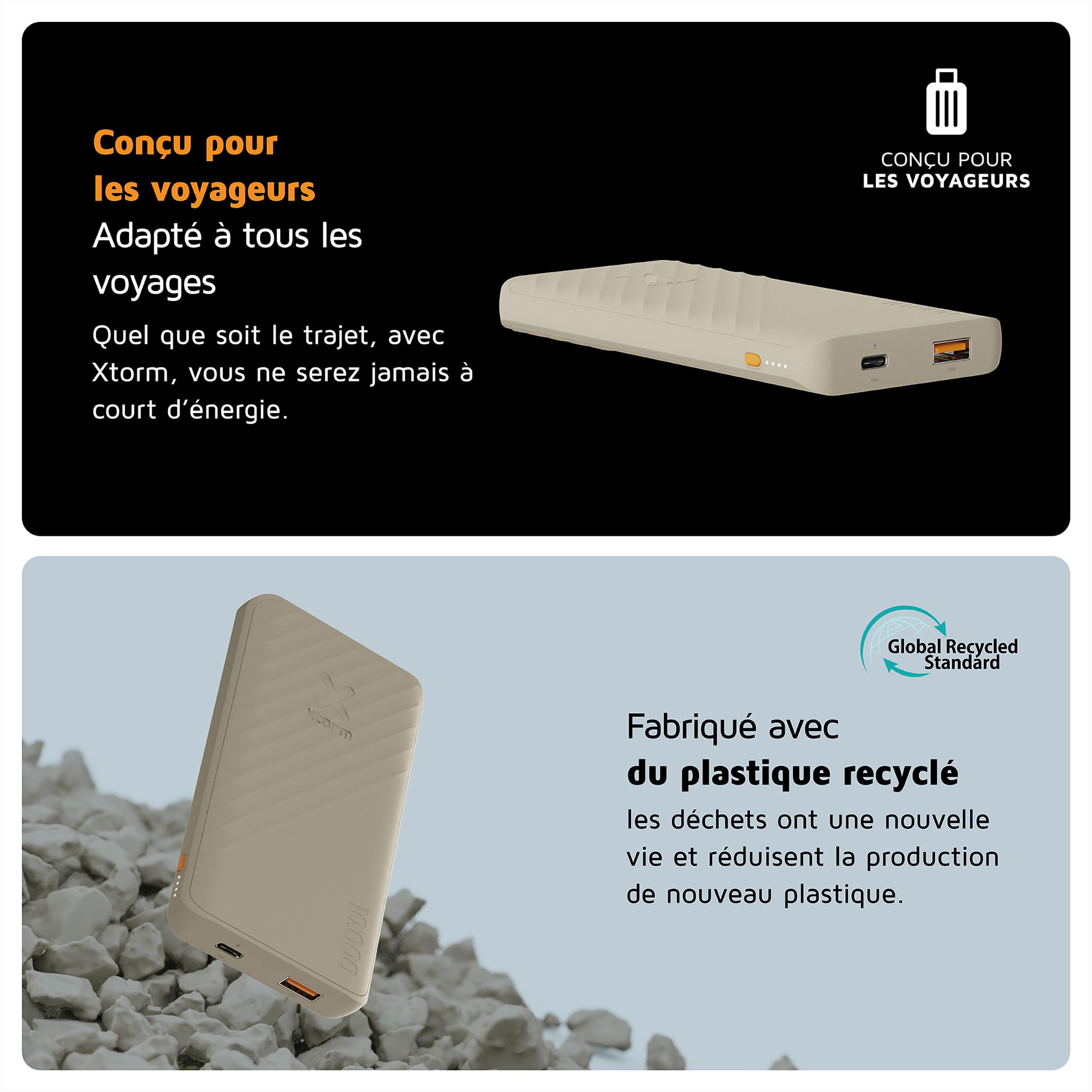 Powerbank Xtorm Go2-10 000 mAh - 1x USB-A, 1x USB-C - Batterie puissante - Charge Rapide pour Samsung et iPhone - Technologie Durable - Clay