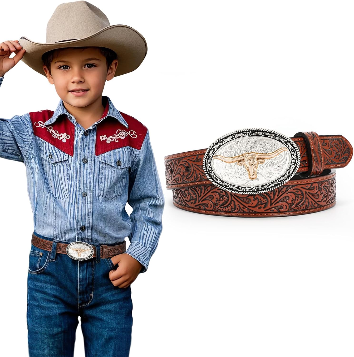 SUOSDEY Kids Western Belt for Boys Girls,Toddler Youth Cowboy Cowgirl Genuine Leather Belt with Longhorn Bull Buckle
