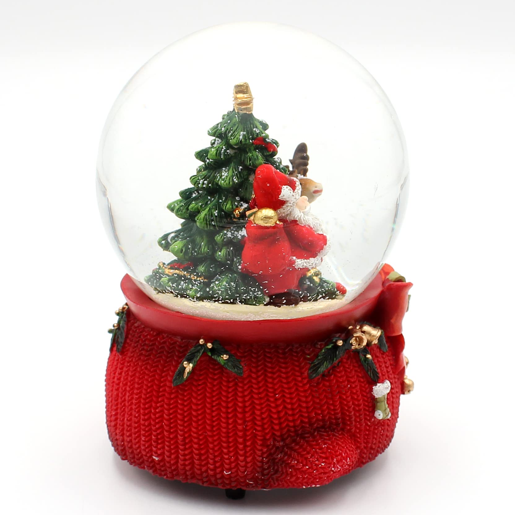 Große Schneekugel, Weihnachtsmann mit REH und Tannenbaum, mit Sound, auf aufwendig dekoriertem Sockel, Maße L/B/H: 10 x 10 x 14 cm Kugel Ø 10 cm