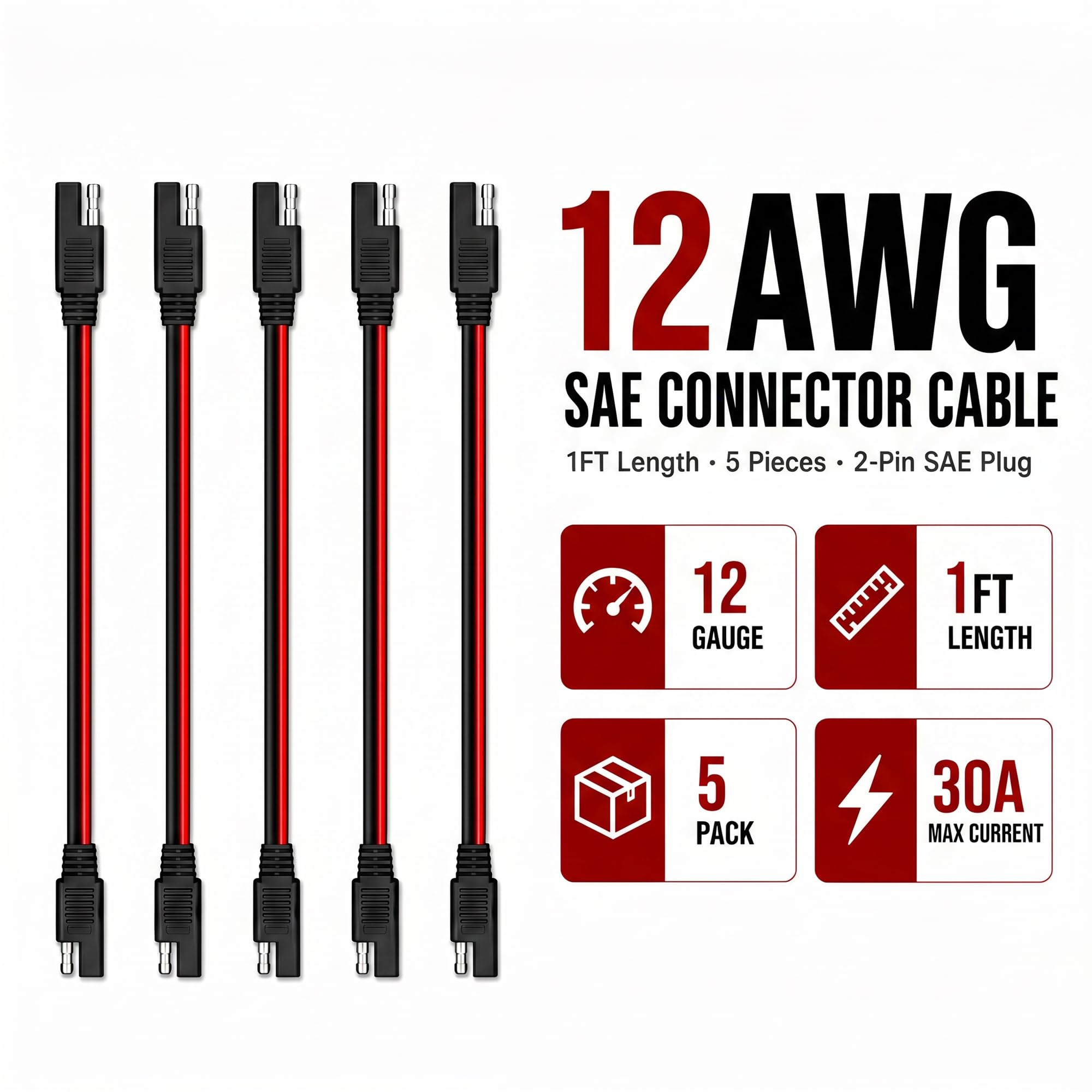 Glattol 5 Pack 12" 12 Gauge 2 Pin Quick Disconnect Audiopipe Polarized Wire Harness, Heavy Duty SAE Connector Bullet Lead Cable