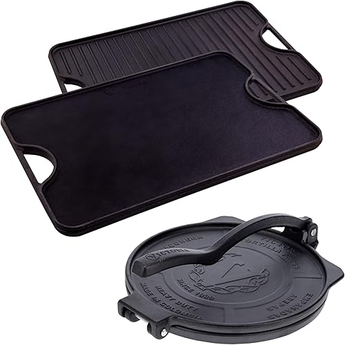 Victoria Paquete de prensa de tortilla de grado comercial de 10 pulgadas con plancha de hierro fundido de 20 x 14 pulgadas