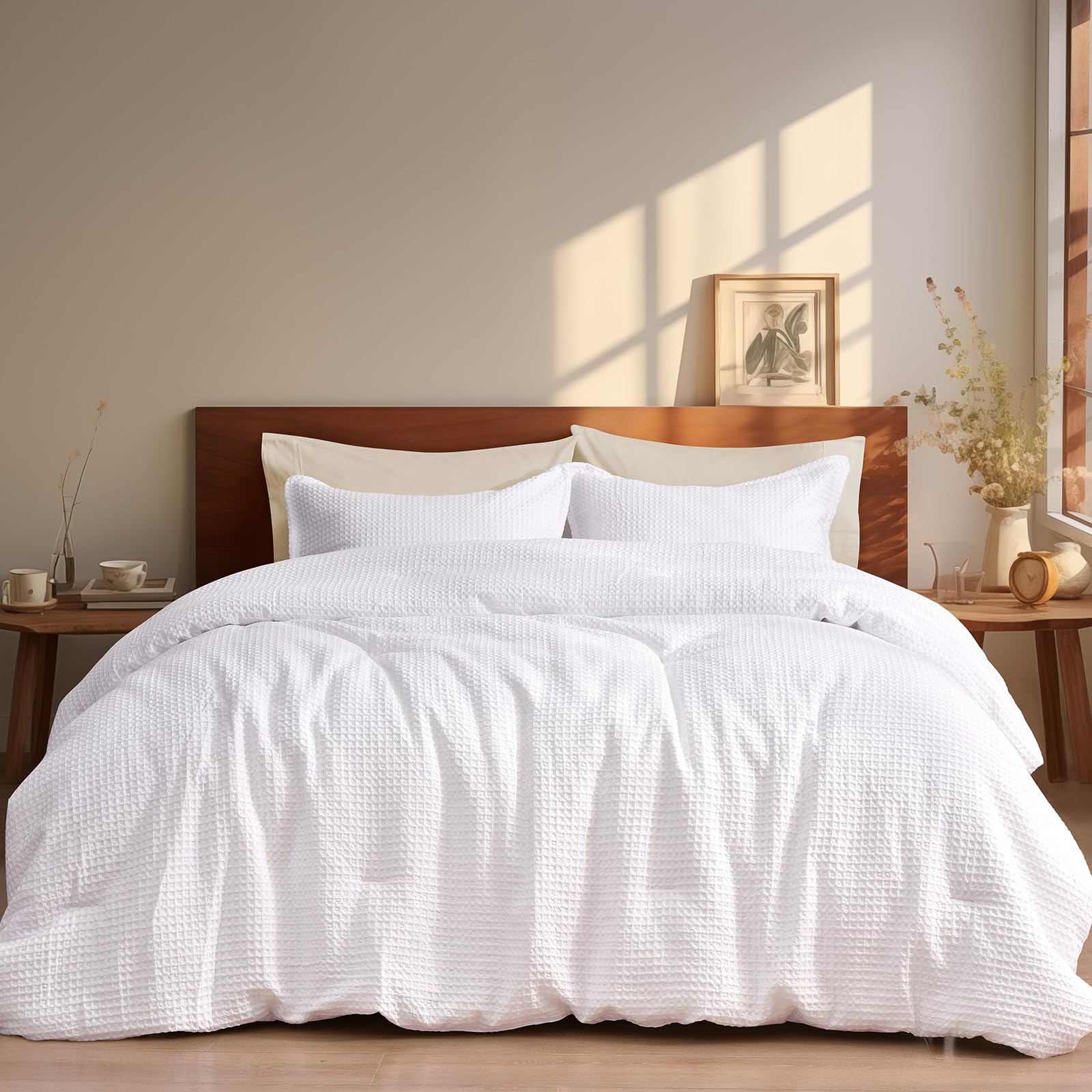 PHF 3 Pieces Waffle Weave Comforter Set King Size, Lightweight Breathable Comfy Bedding Set for All Season, Ultra Soft Textured Comforter Set with 2 Pillow Shams, White