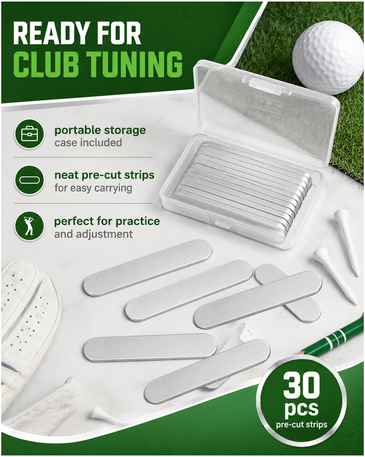 Nastro di Piombo da Golf, 30 Pezzi Strisce Argentee Autoadesive, Adesivo Standard per Peso Equilibrato, Accessori Golf Ottimali per Putter e Tennis