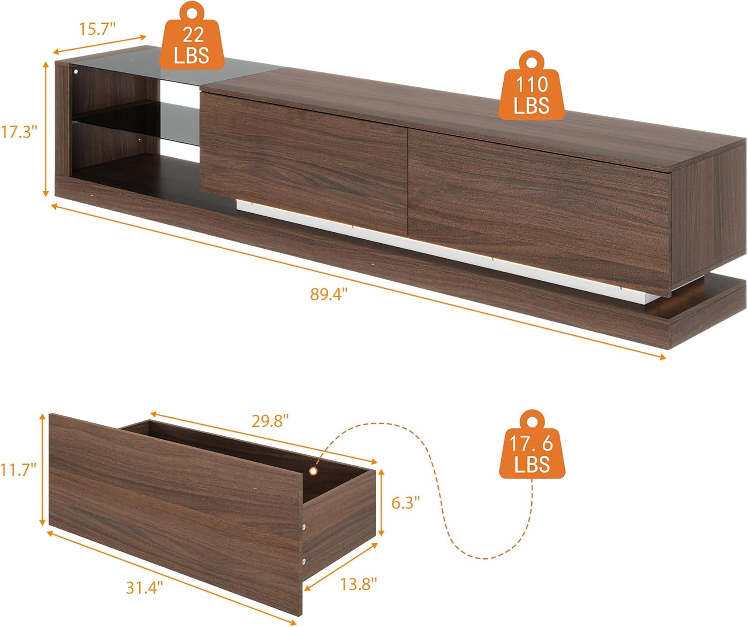 Diagram showing the dimensions of the WOODTIME FZ5224 TV Stand and its drawers, including depth, width, and height.