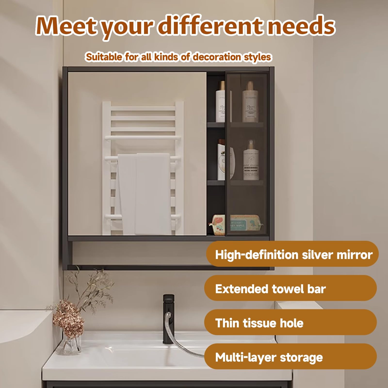 Armadietto da bagno bianco a specchio, 60 cm, eccezionale spazio Sto Space, multi livello, comodo porta fazzoletti, design salvaspazio per bagni moderni.