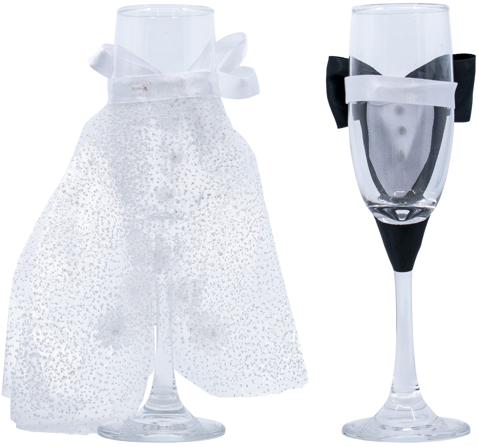 Stephanie Imports White Floral Wedding Dress with Black Tuxedo - Bride and Groom Wedding Glass Champagne Flutes (Set of 2)