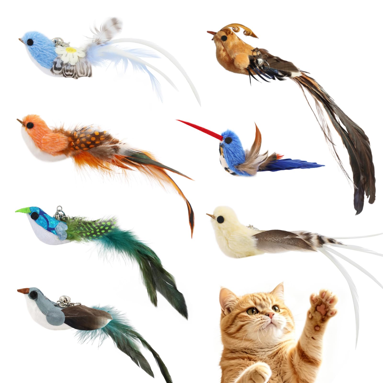 SONGWAY Cat Feather Bird Toys - 7 Pieces Plush Bird Cat Toys with Natural Feather Tails, Cat Wand Attachments, Interactive Cat Toy Refills for Indoor Cats Kittens