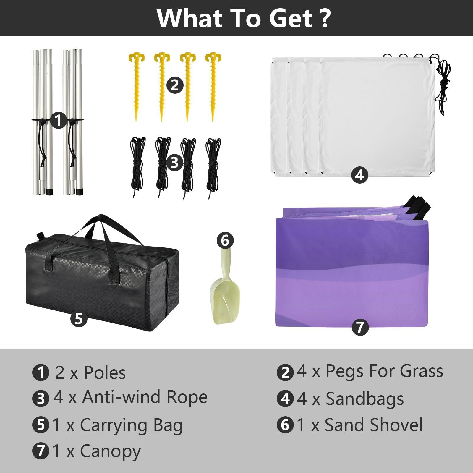 Grand pare-soleil imperméable avec pelle à sable, sac de sable pour camping, pêche, loisirs dans le jardin ou pique-niques Violet