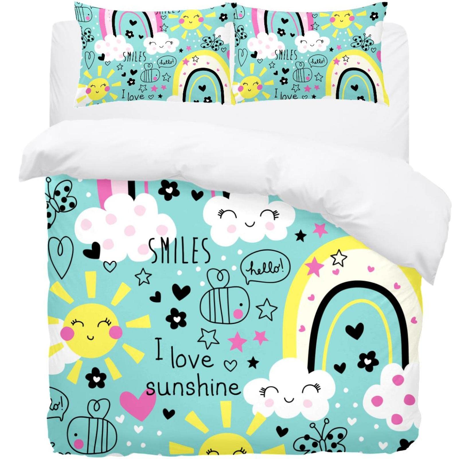 Housse de couette imprimée motif Hello Love Sunshine avec taies d'oreiller lit 1 personne