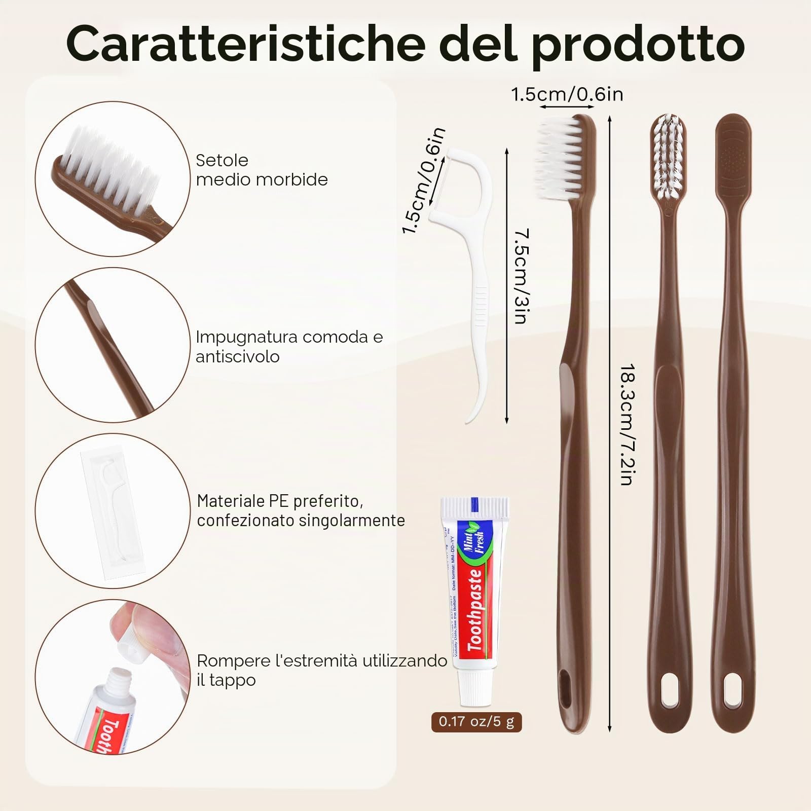 Spazzolino da denti usa e getta da viaggio, spazzolino e dentifricio, confezionato singolarmente, marrone, con plettri per filo interdentale, adatto per hotel, casa, campeggio, viaggi (confezione da