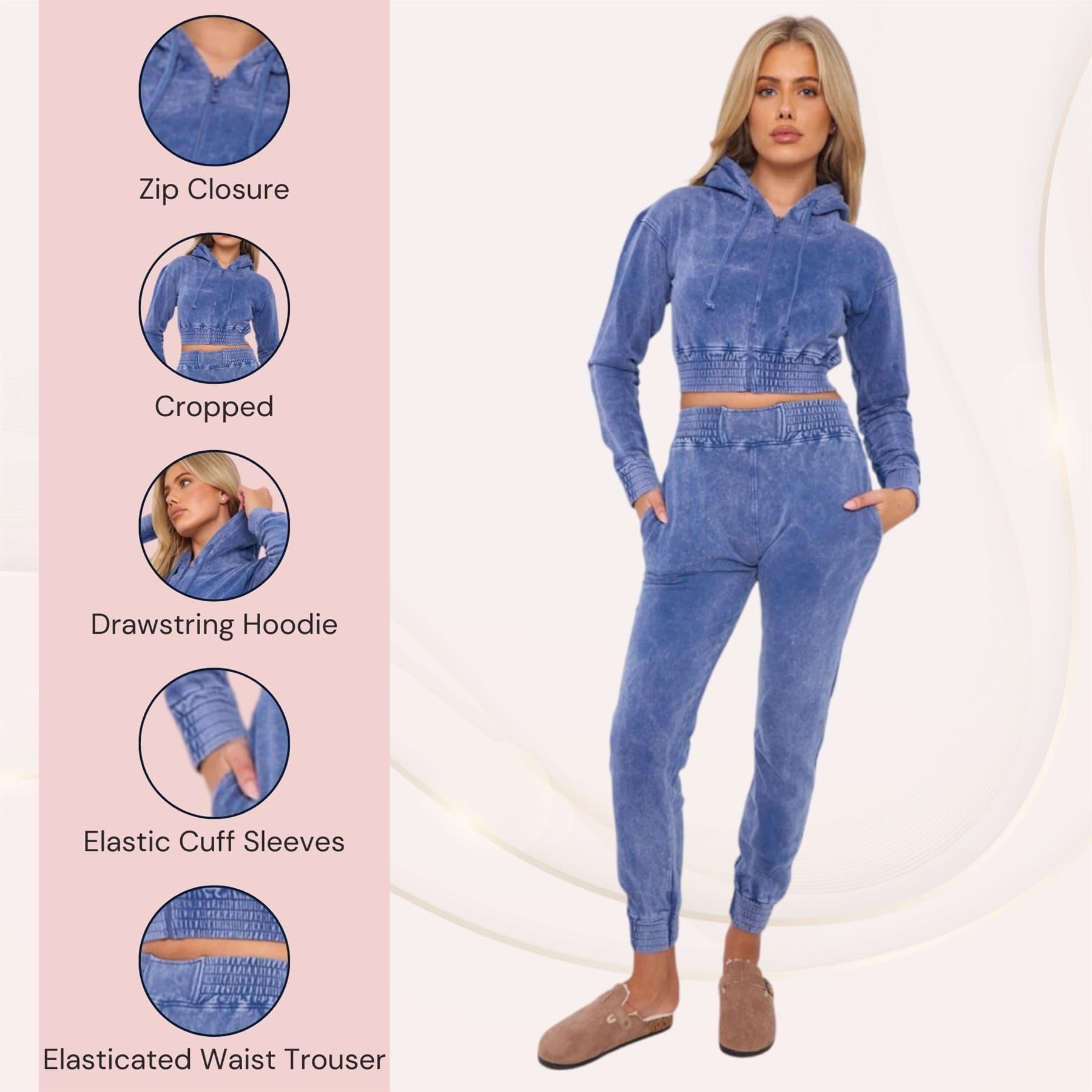 Zestaw dresów damskich, Acid Washed Crop Hoodie Zip Up Fleece Cuffed Joggers, Odzież gimnastyczna Zestaw damski, Zestawy odzieży wypoczynkowej z elastyczną talią UK, aktywna bluza z