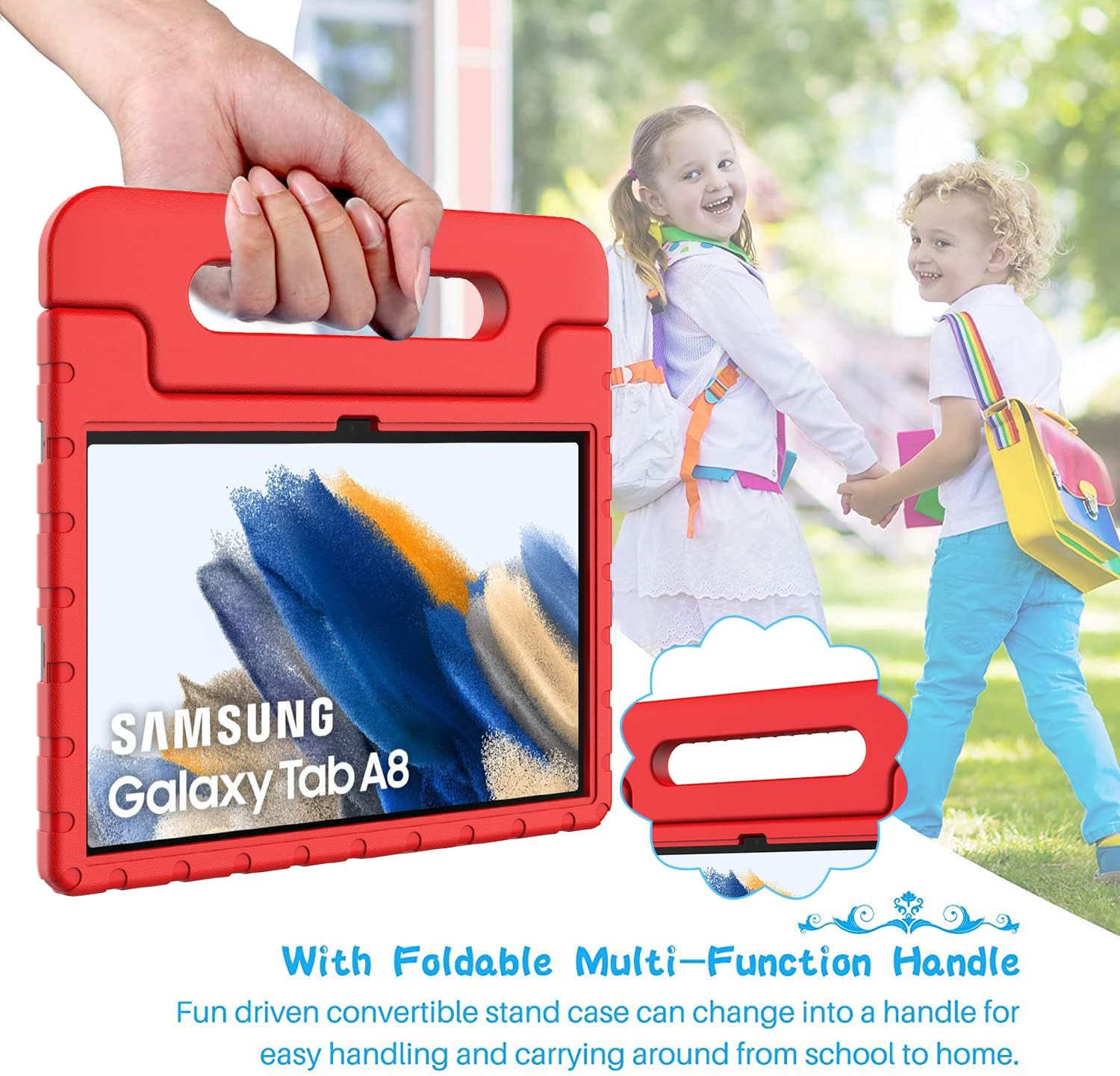 BMOUO Kids Case for Samsung Galaxy Tab A8 10.5 inch 2022(SM-X200/X225/X207), Galaxy Tab A8 Case for Kids, Shockproof Convertible Handle Stand Kids Case for Samsung Galaxy Tab A8 10.5 2022 Tablet, Red