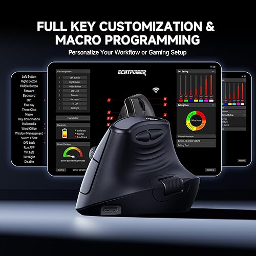 Vista 5 de ECHTPower Ratón Vertical Ergonómico, Ratón Inalámbrico Recargable con Pantalla LED, DPI Ajustable en 7 Niveles hasta 8000, Botones Silenciosos