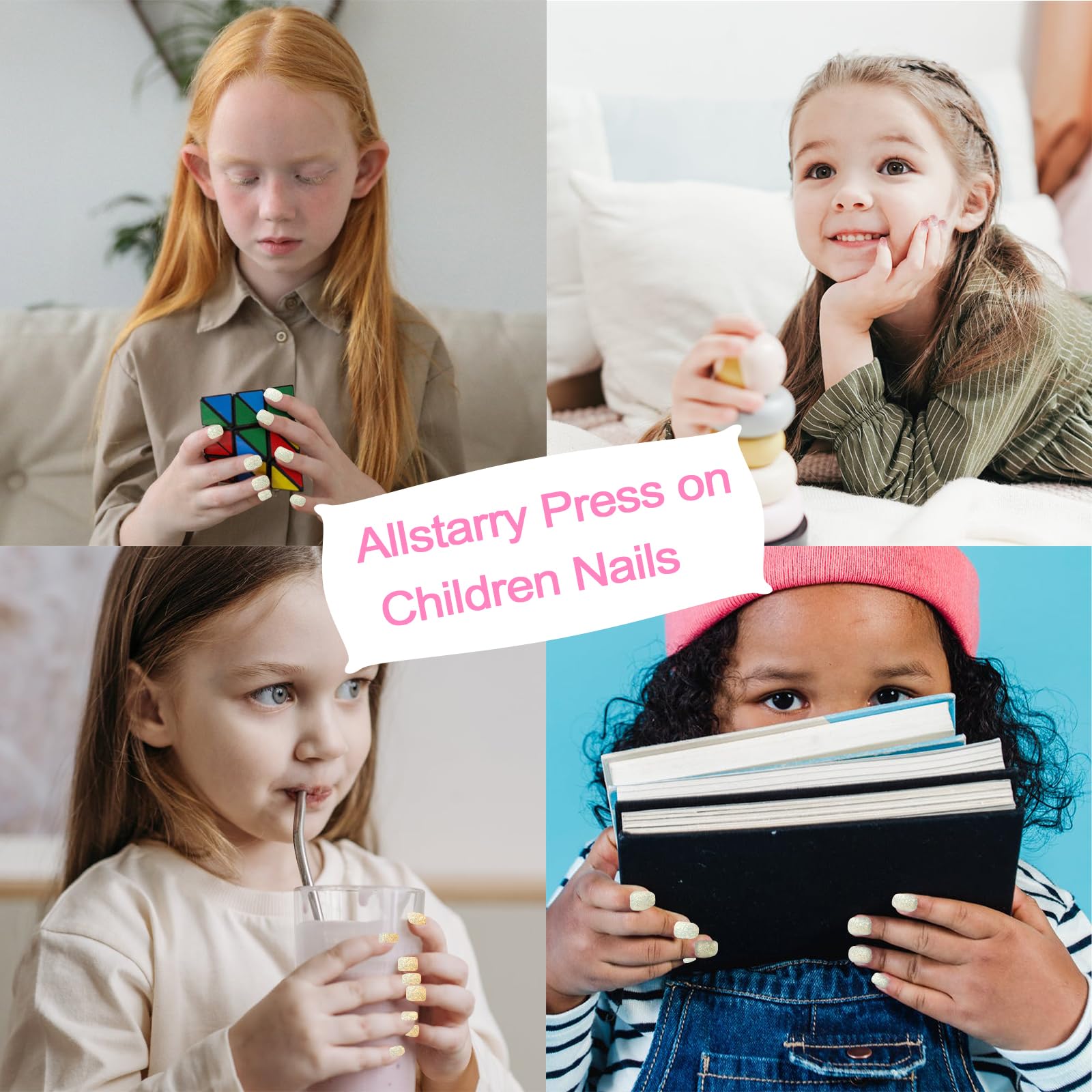 Allstarry 72pcs 3 pack Children Nails Press on Pre-glue Full Cover Glitter Press on Nails Shimmer Nail Short False Nail Kits Lovely Gift for Children Little Girls Nail Art - Shimmer Glitter