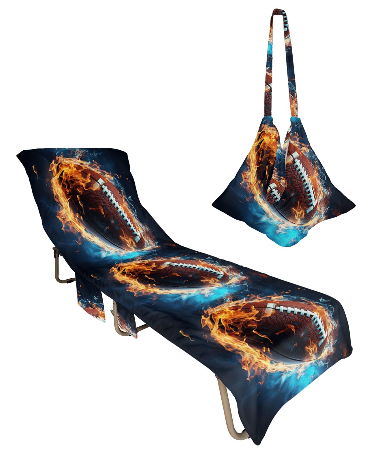 Rugby Beach Lounge Chair Towel Cover, Soft Chaise Lounge Towel with Side Pockets Patio Pool Chairs Cover for Beach/Pool Sunbathing 29x85 Football Flame Modern Abstract Art