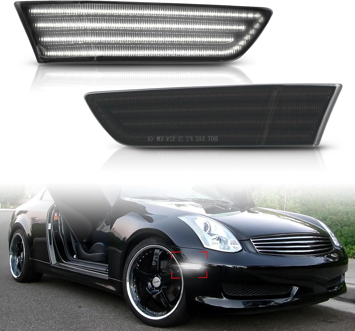 Bestview Side Marker Light Assembly Compatible for Infiniti G35 Coupe Skyline V35 2003-2007, White Front Bumper Lamps, Smoked Lens 2PCS