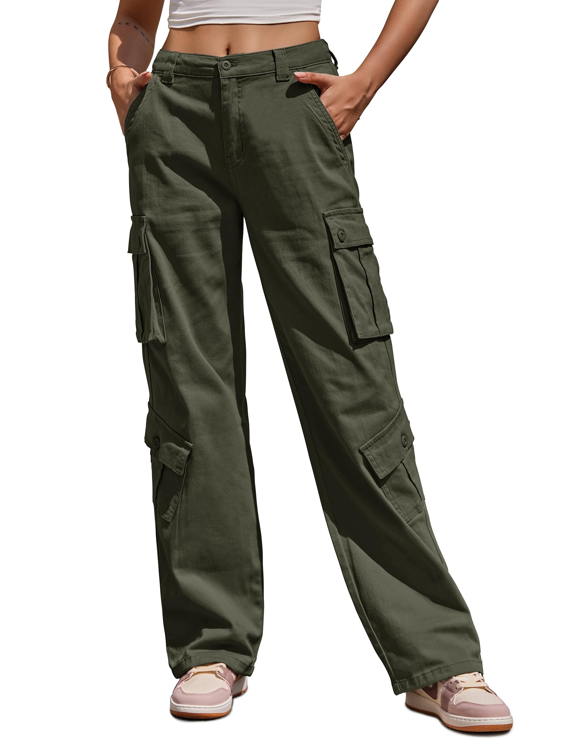 ZMPSIISA Women Pants High Waisted Cargo Pants Combat Military Wide Leg Casual Trousers 8 Pockets