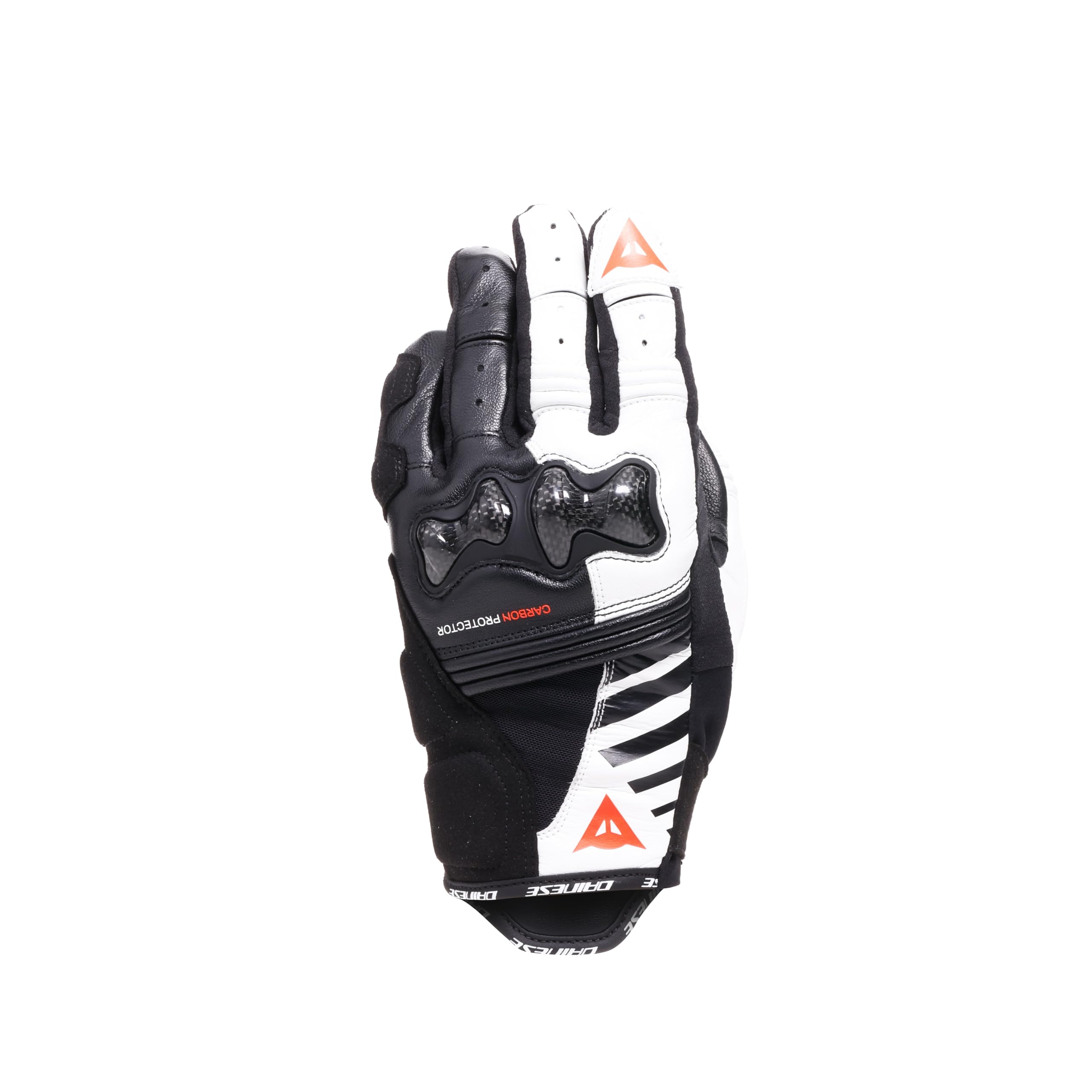 DAINESE Reacto Carbon Short Gloves Wmn, Guanti Moto Corti Donna in Pelle con Protezione Nocche in Carbonio e Imbottiture Palmo e Dita Smart Touch, Per Donna, Black/White/Red-Fluo, XS