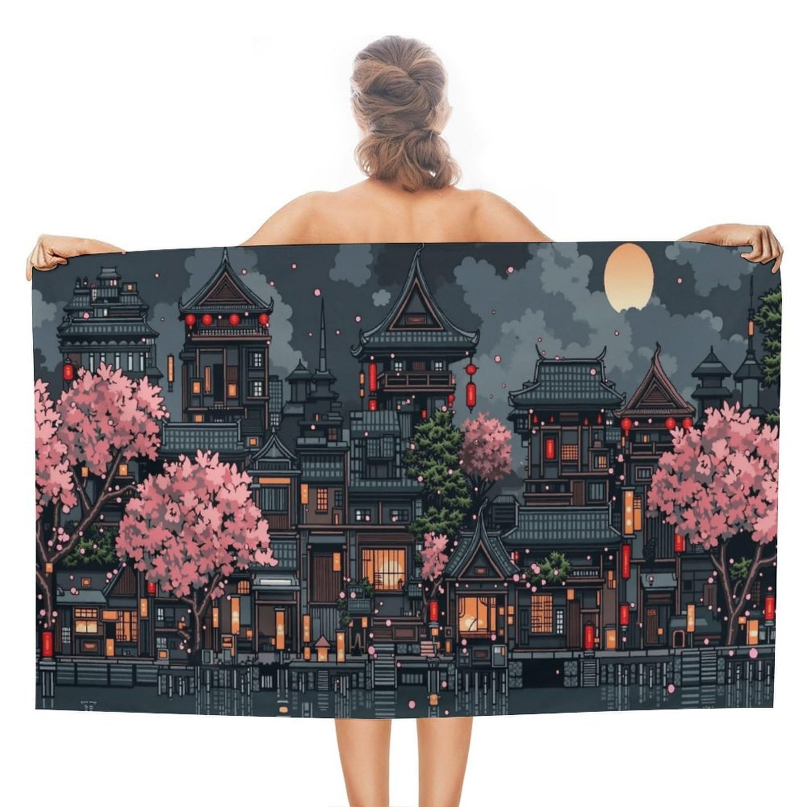Anceky Oriental Night Scene Beach Towel Microfiber Soft Absorbent Oversized Large Bath Towel Blanket Thin Quick Dry for Adults Swimming Pool Yoga Gym Travel 51"X31"