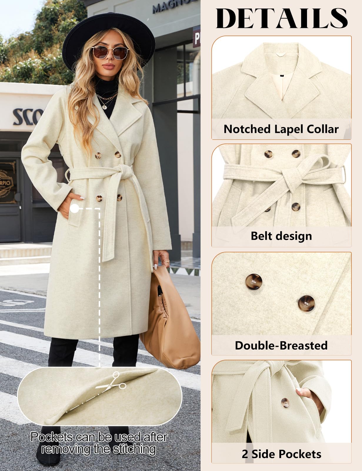 CMTOP Cappotto Donna Lungo Elegante Classico Doppiopetto Trench, Antivento Giacca a Maniche Lunghe Primaverile Autunno Inverno Cappotti Windbreaker con Tasche e Cintura