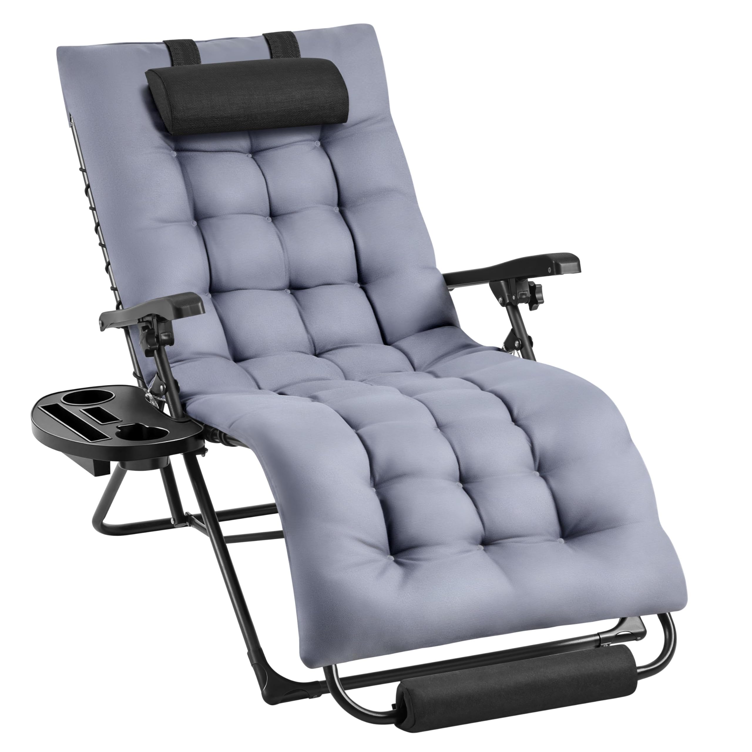Yaheetech Tumbona Plegable y Resistente, Tumbonas Jardin Exterior, Capacidad de Carga 200kg, Tapizado Ergonómico, Respaldo Ajustable, Cojín Cervical, Portavasos y Cojín, Gris Oscuro/Negro