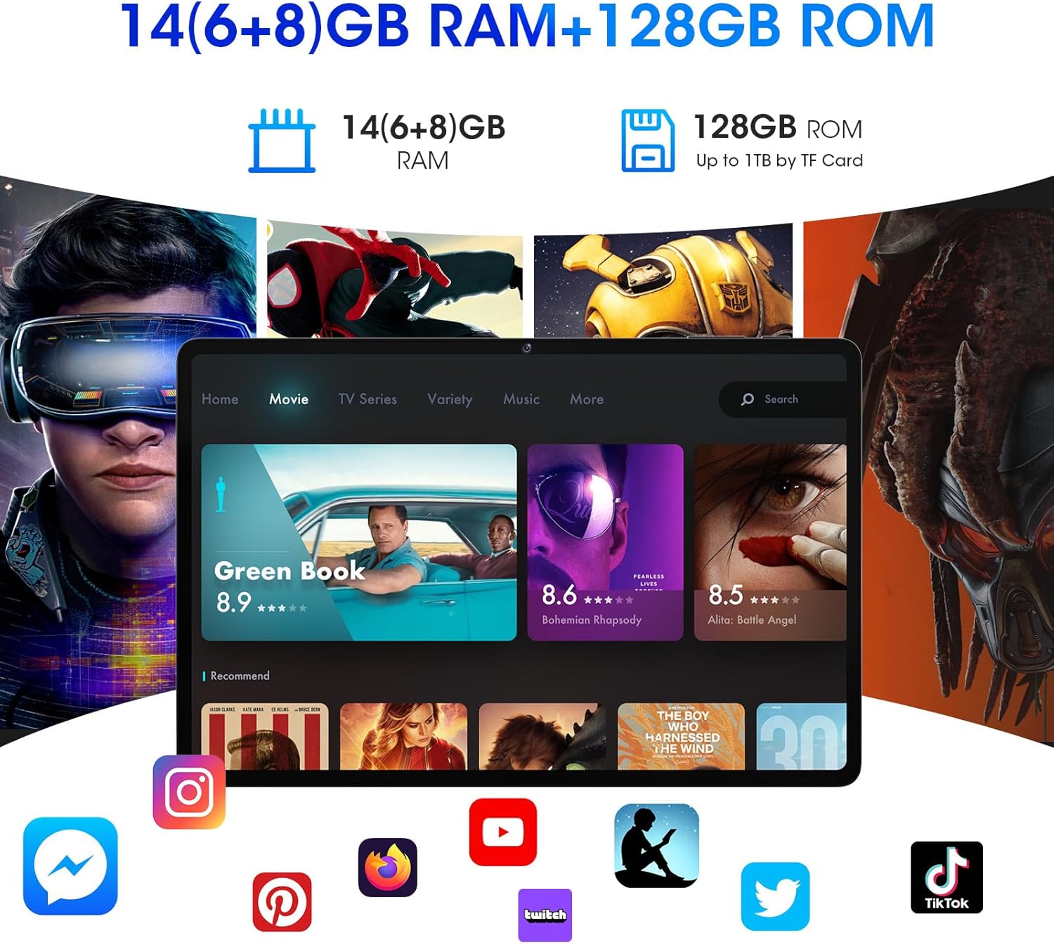 Tablet displaying various entertainment apps