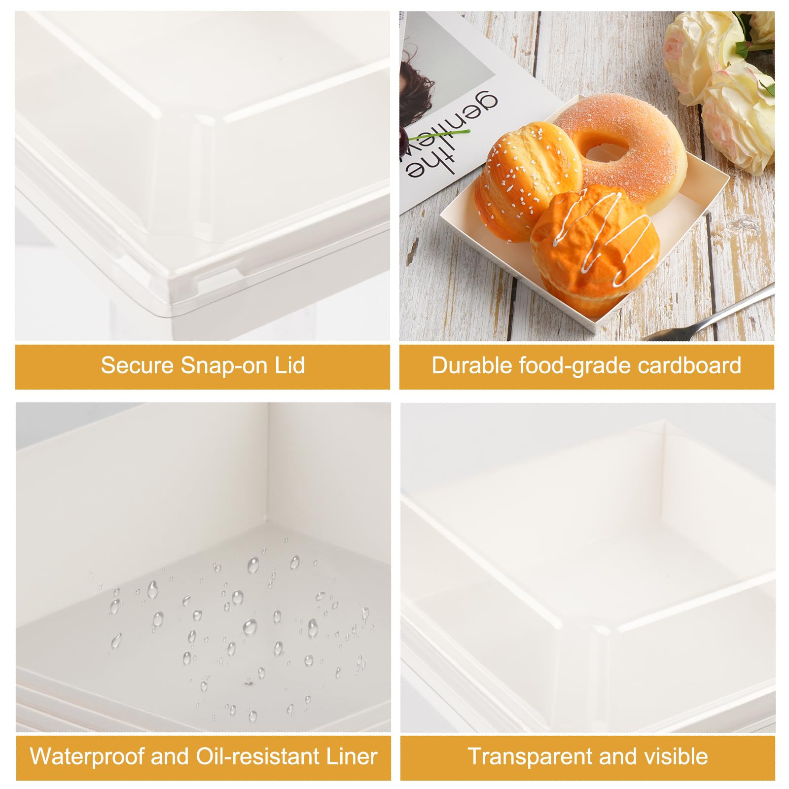 Scatole Charcuterie con coperchi trasparenti, 14 x 12 x 6 cm, contenitori quadrati usa e getta, scatole da dessert, scatole di carta da forno con coperchio per panino, biscotti, sushi, fette di torta