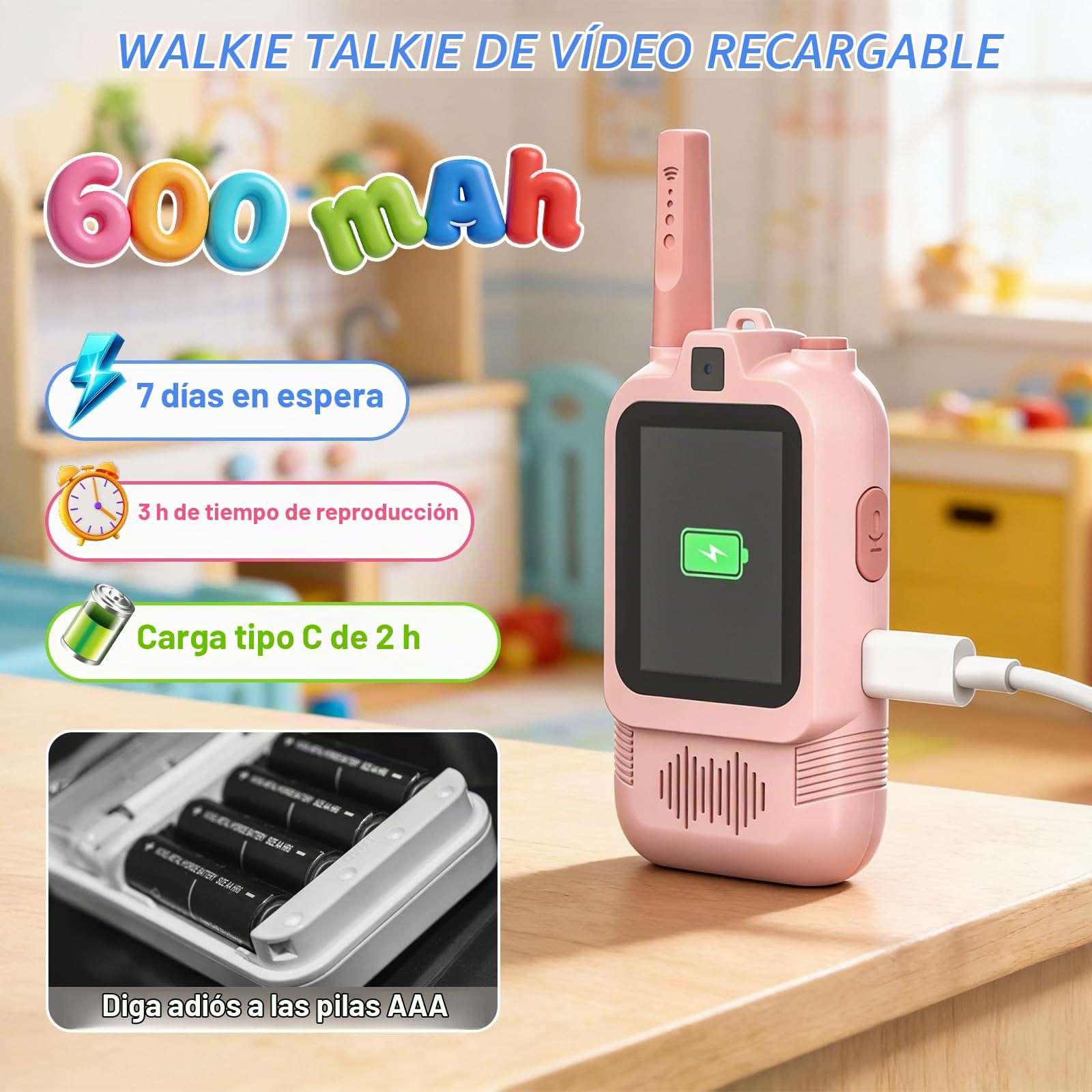 Walkie Talkies Videollamada para Niño con Cámara Doble(Paquete de 2), Walkie Talkies Recargable con Chat de Voz, Mensajería de Emojis, Regalo Ideal Cumpleaños para niños de 3 a 12 años