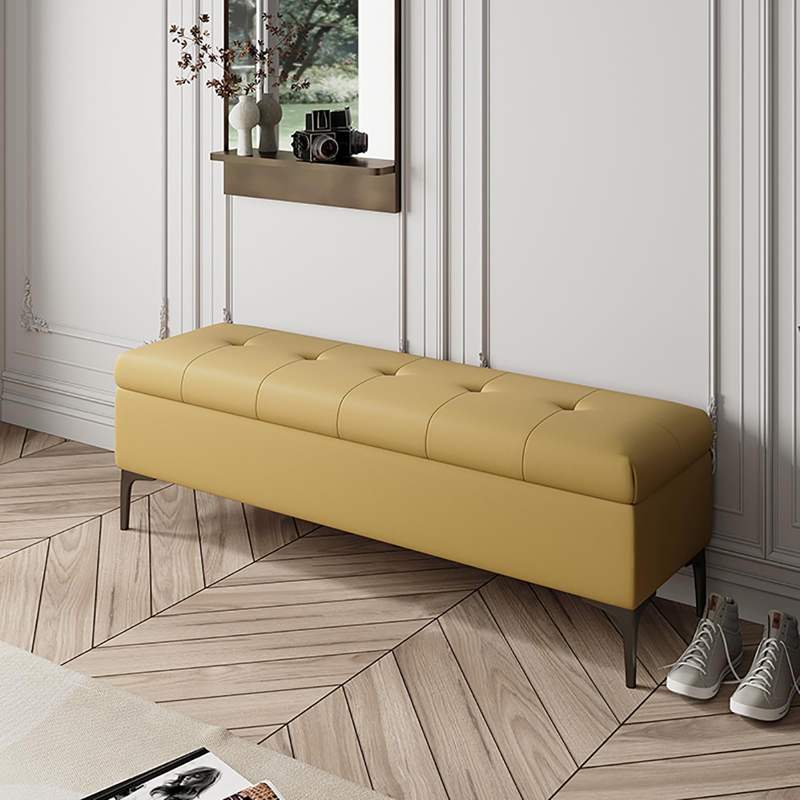Banc ottoman de rangement bout de lit rembourré pour organiser la chambre sans encombrer