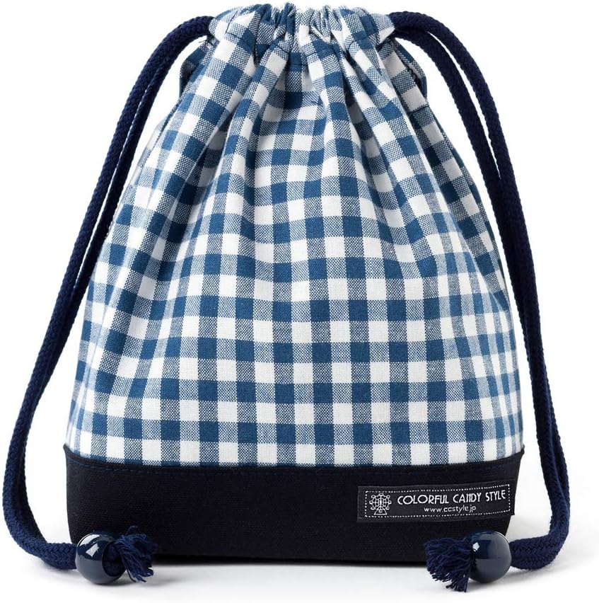 Drawstring Gokigen lunch (small size) cup gusset bag check large, dark blue, dark blue x Ox made in Japan N3512600 (japan import)